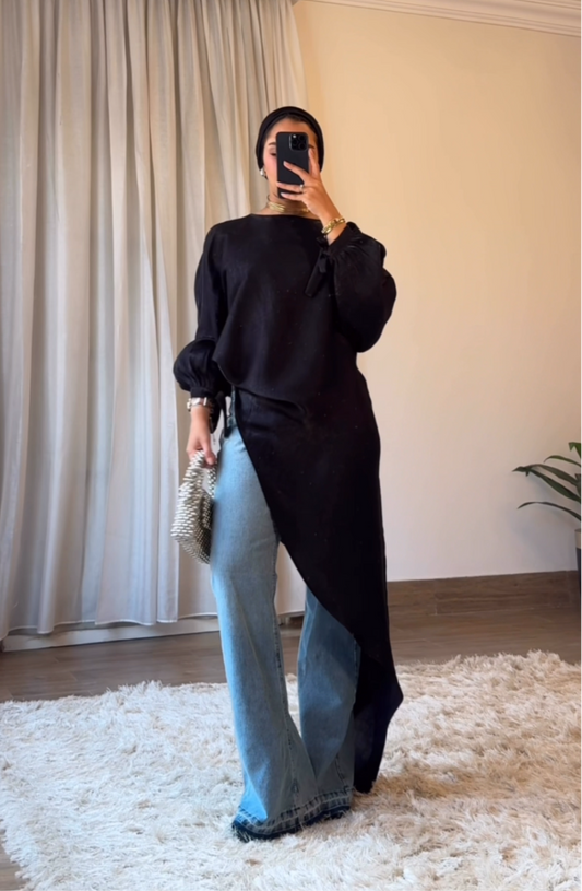 Asymmetrical Shimmer Top in Black (without belt)