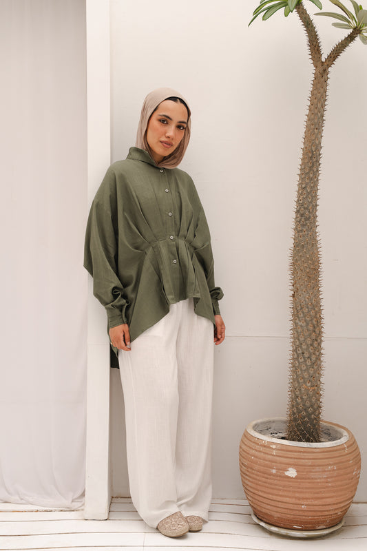 Airy Waves Linen Top in Olive