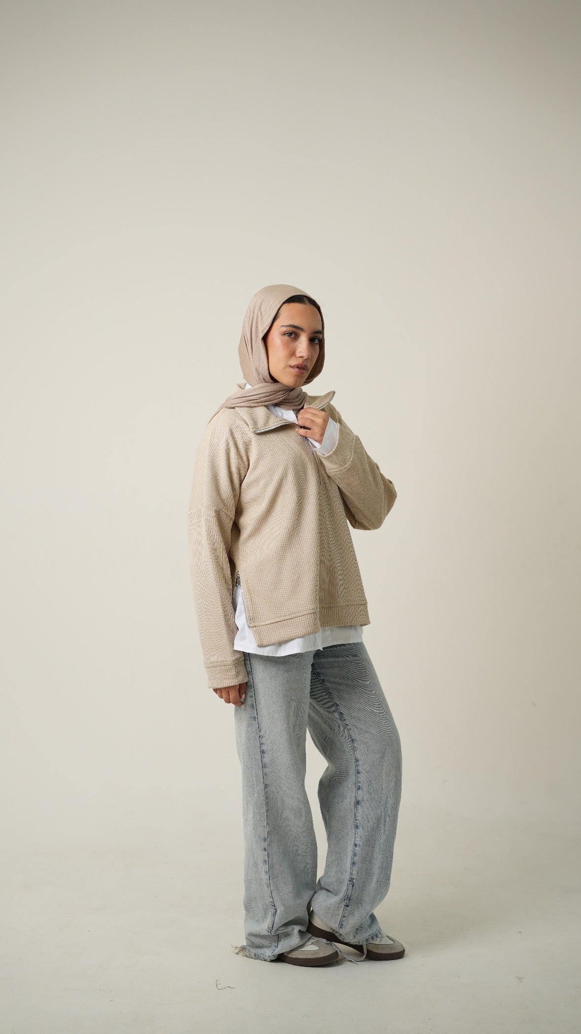 Zip-Up Sweater in Beige