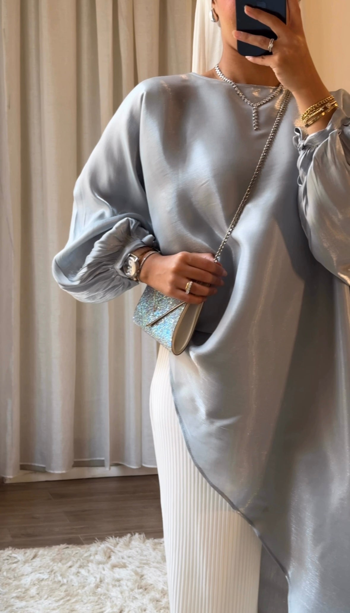 Asymmetrical Shimmer Top in Silver Blue