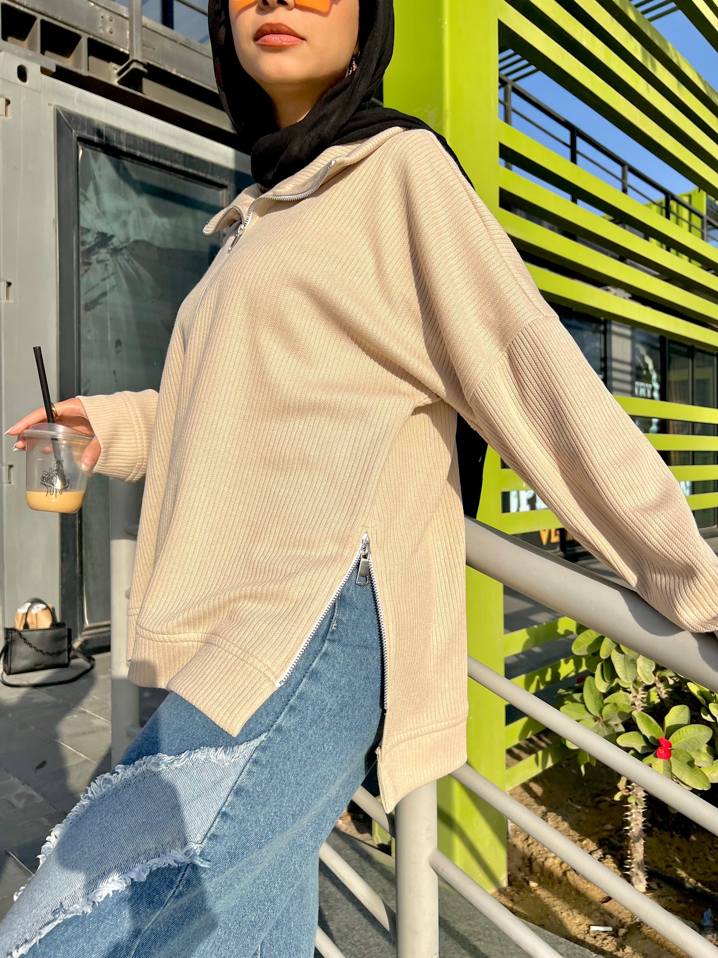 Zip-Up Sweater in Beige