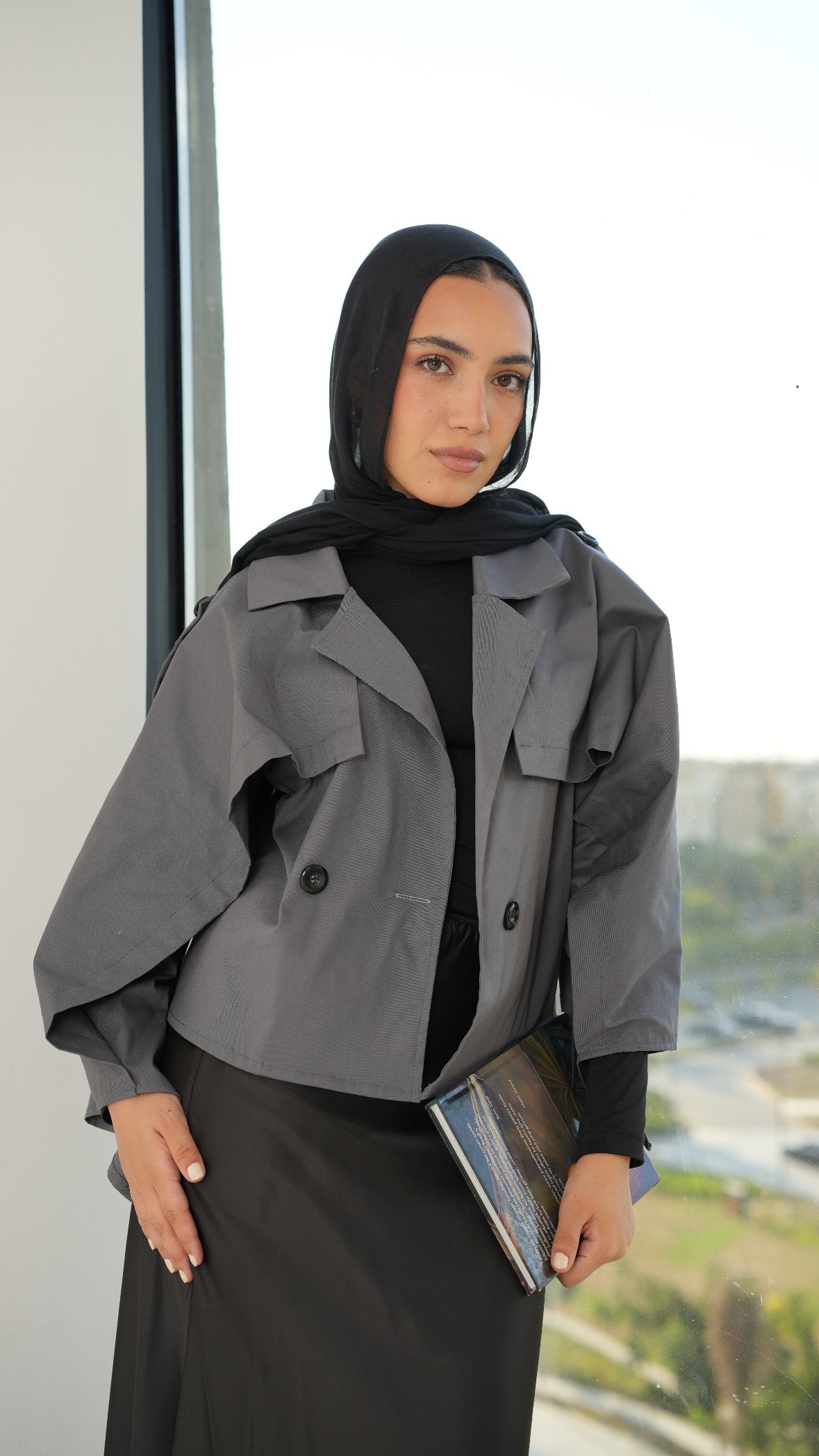 Drape Cropped Trench Coat in Gray