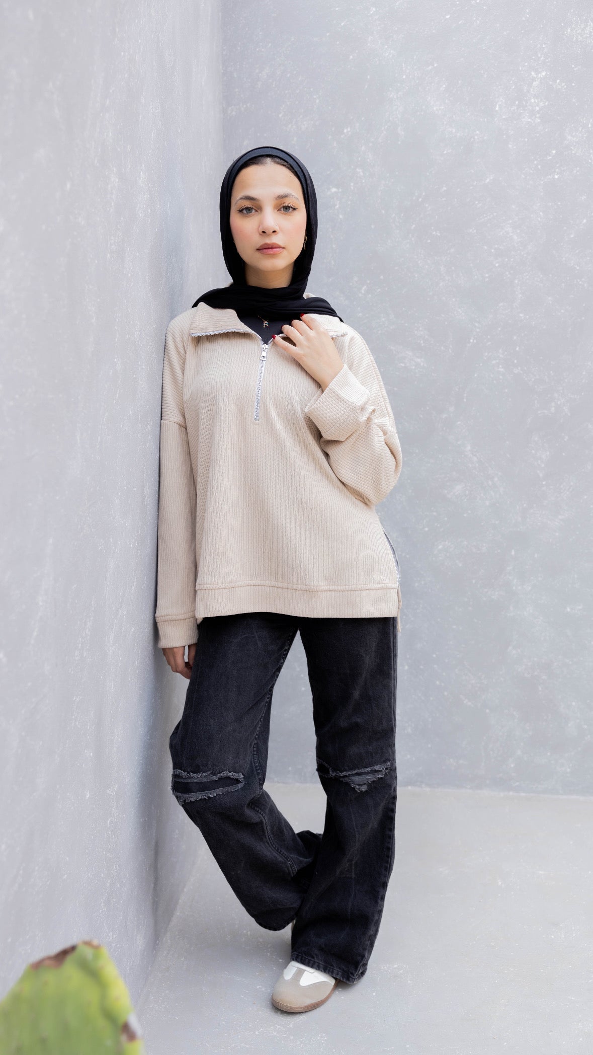 Zip-Up Sweater in Beige