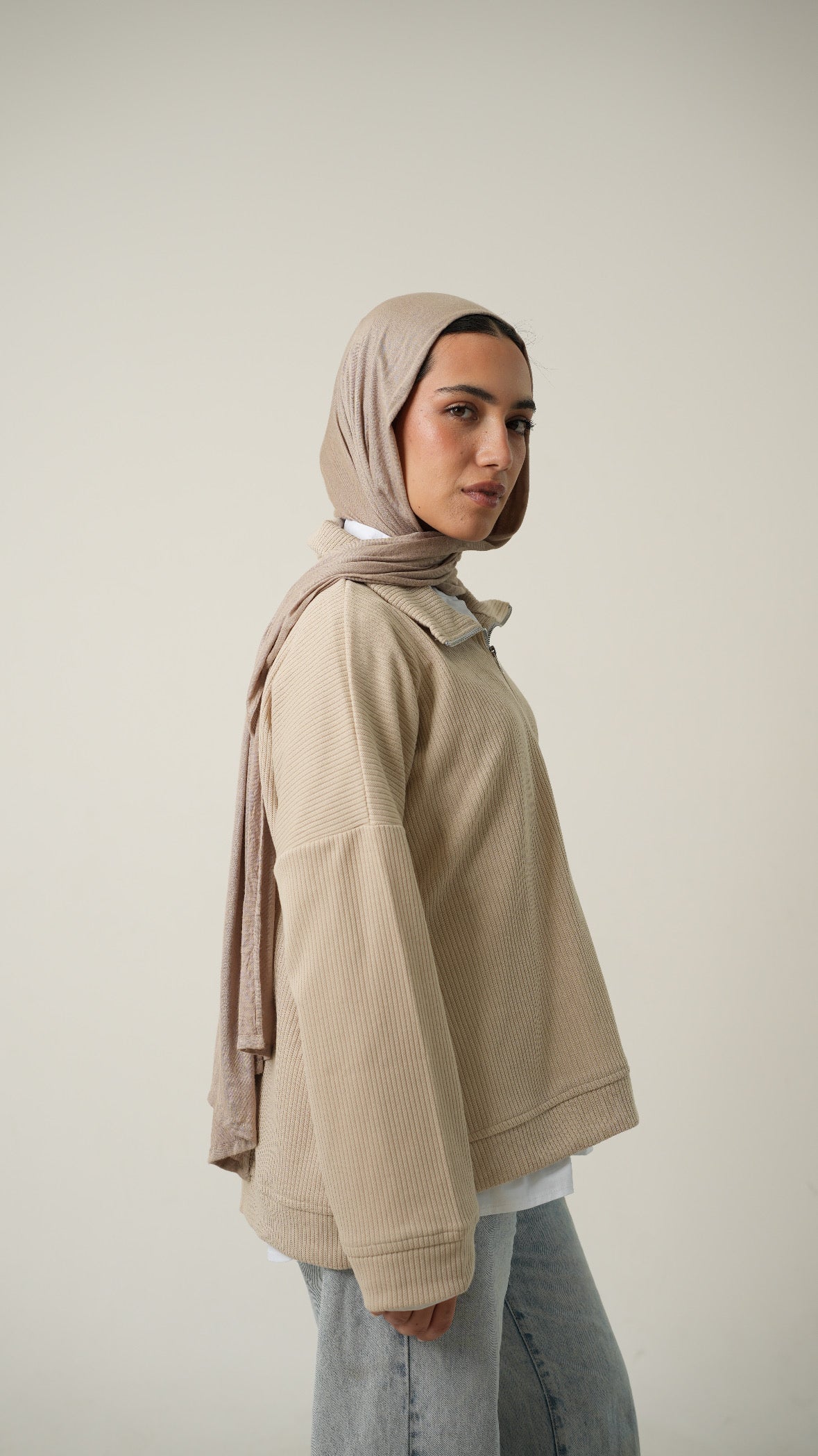 Zip-Up Sweater in Beige