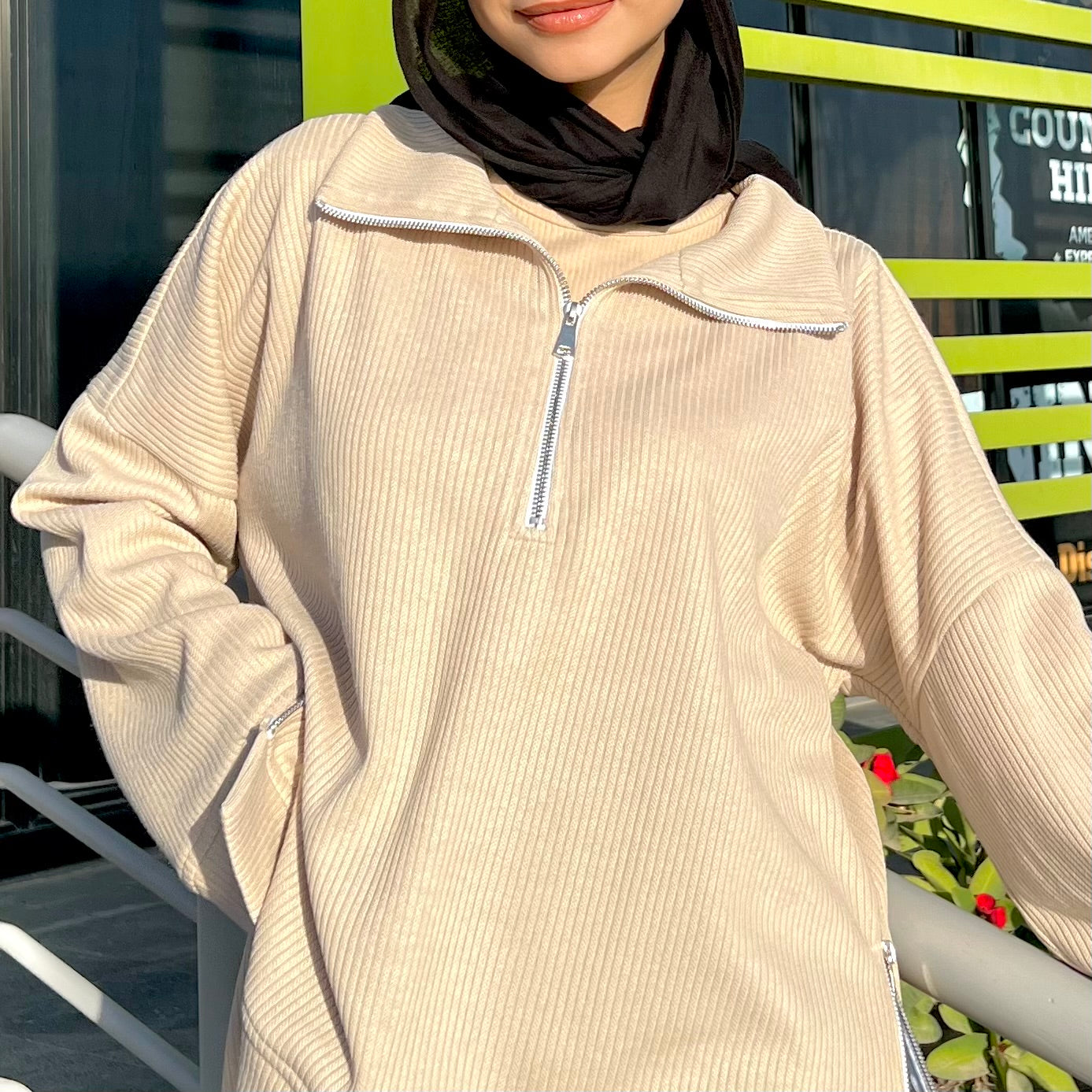 Zip-Up Sweater in Beige