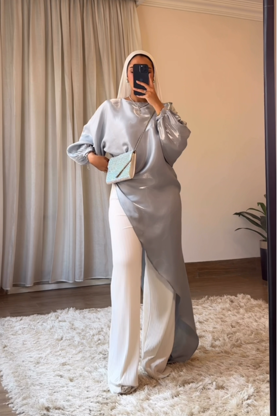 Asymmetrical Shimmer Top in Silver Blue