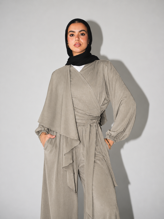 Nayomi Satin Wrap Set in Greige