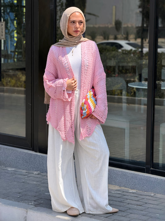Coastal Crochet Cardigan in Baby Pink