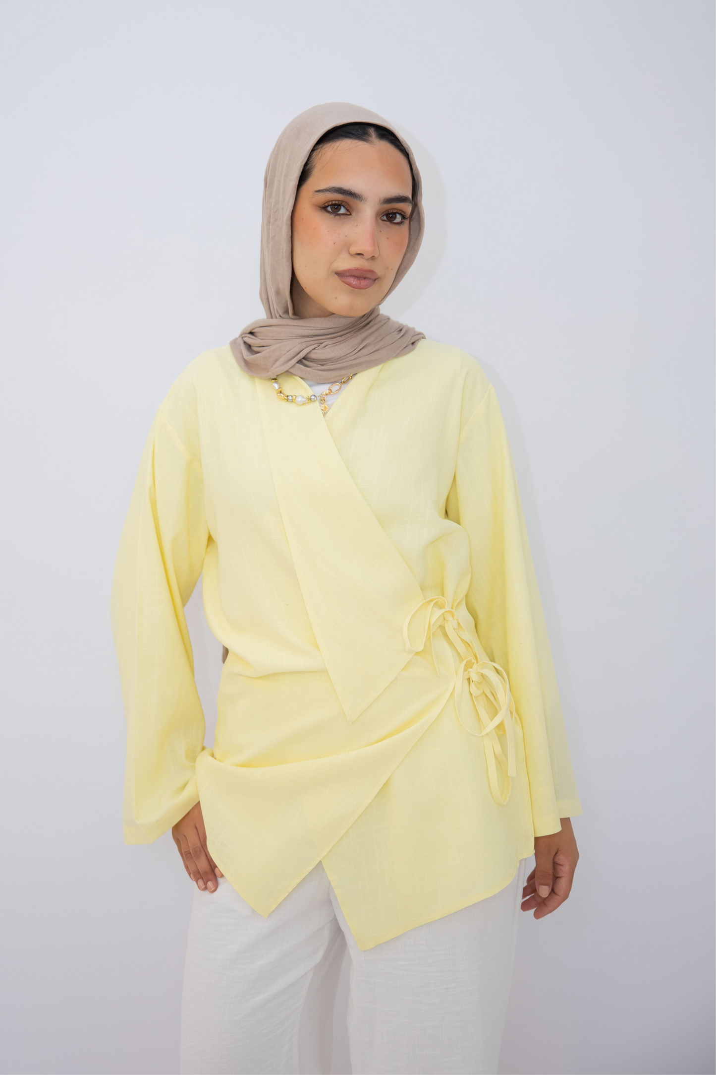 Side Tie Linen Top in Yellow