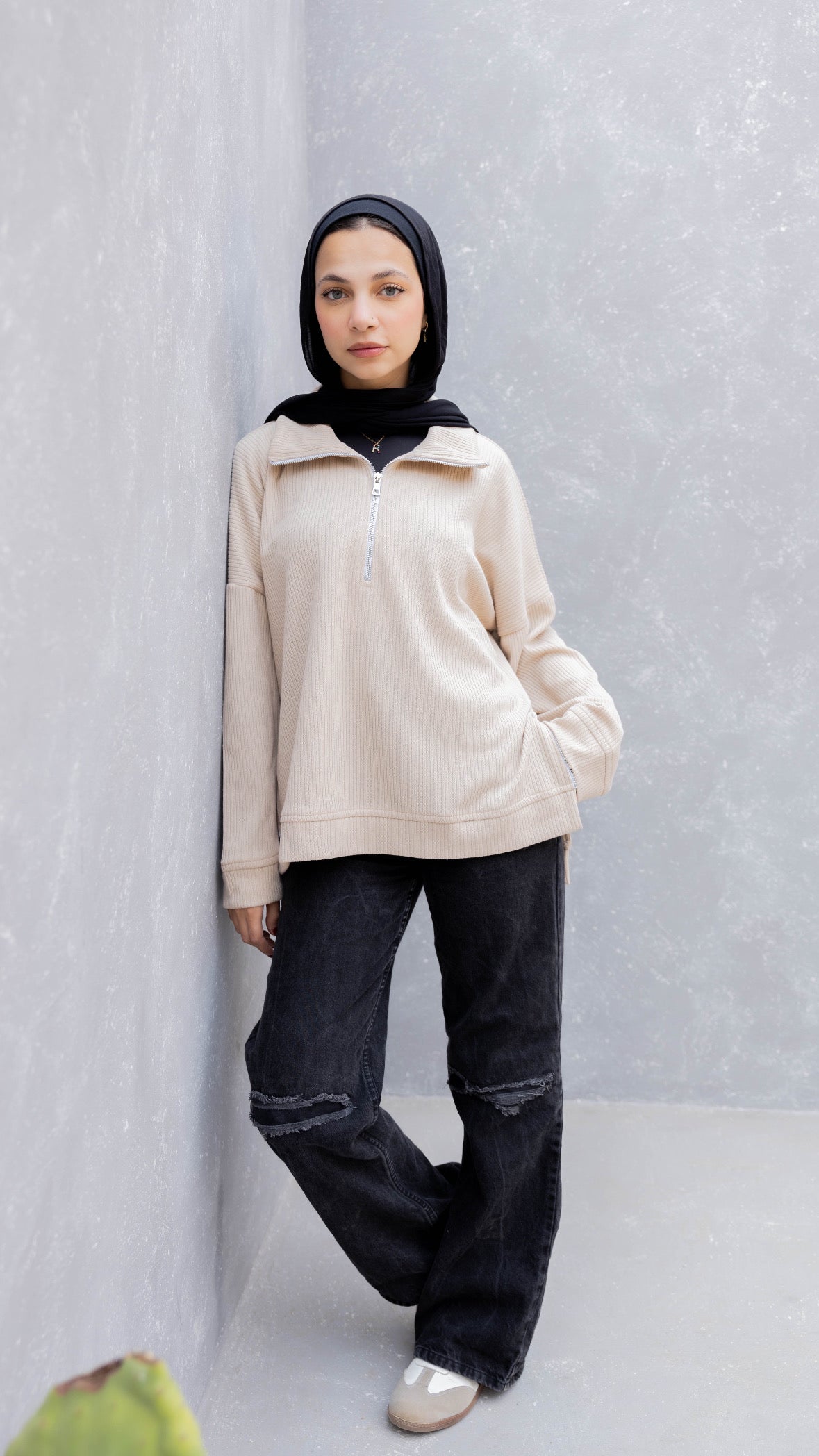 Zip-Up Sweater in Beige