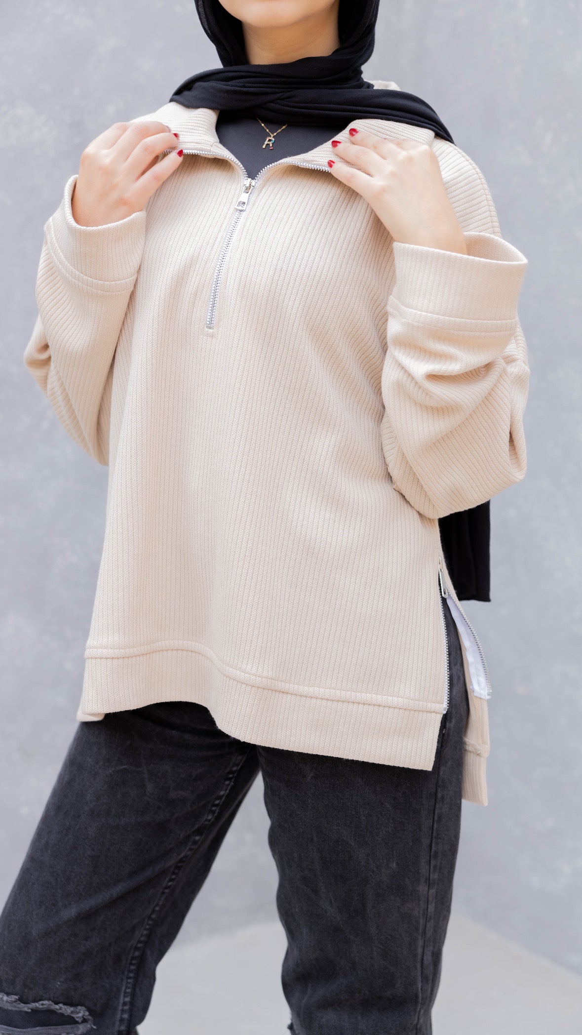 Zip-Up Sweater in Beige