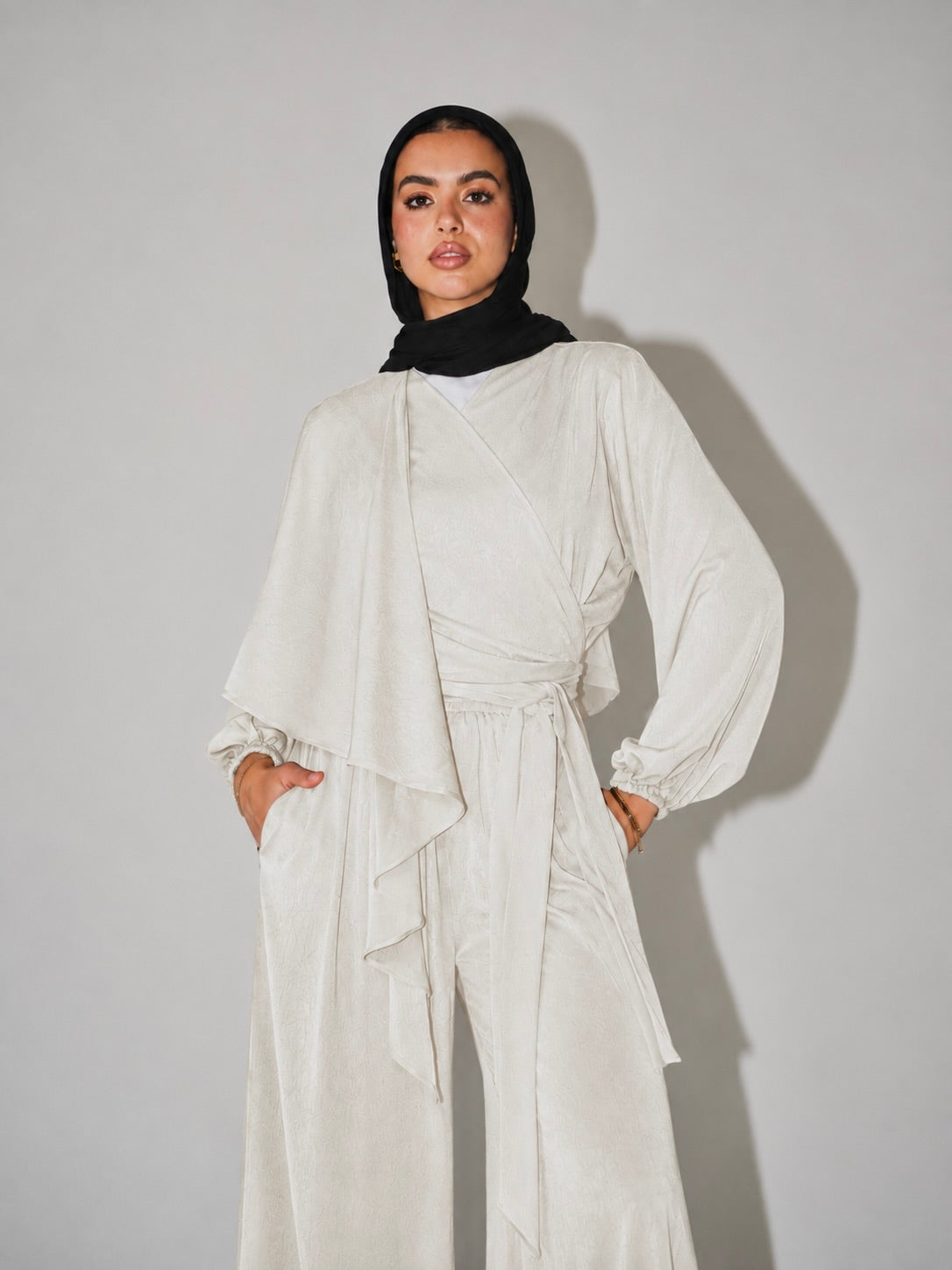Shawl Wrap Satin Top in White