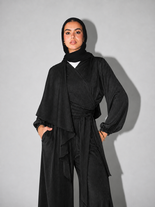 Shawl Wrap Satin Top in Black