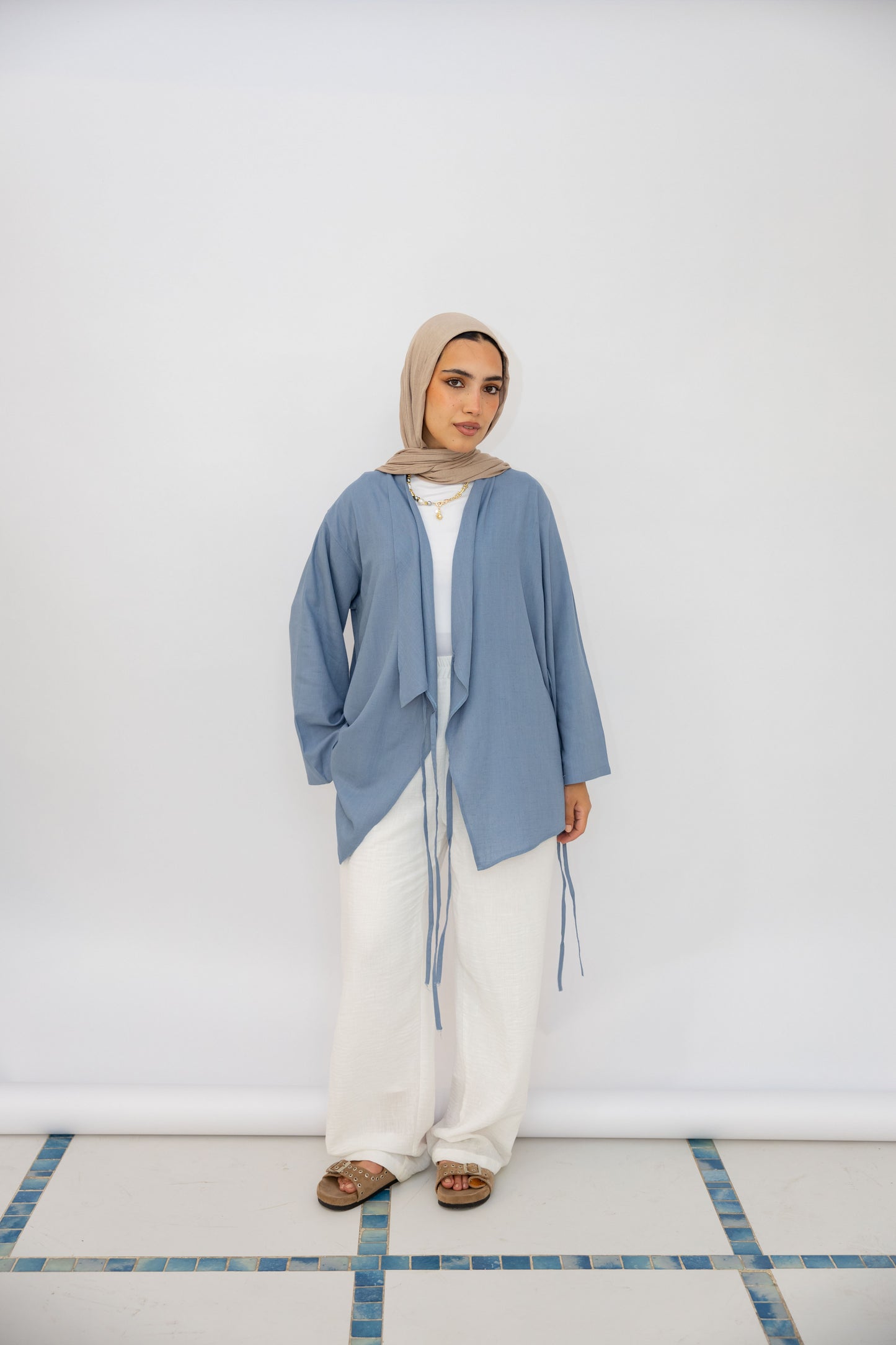 Side Tie Linen Top in Blue