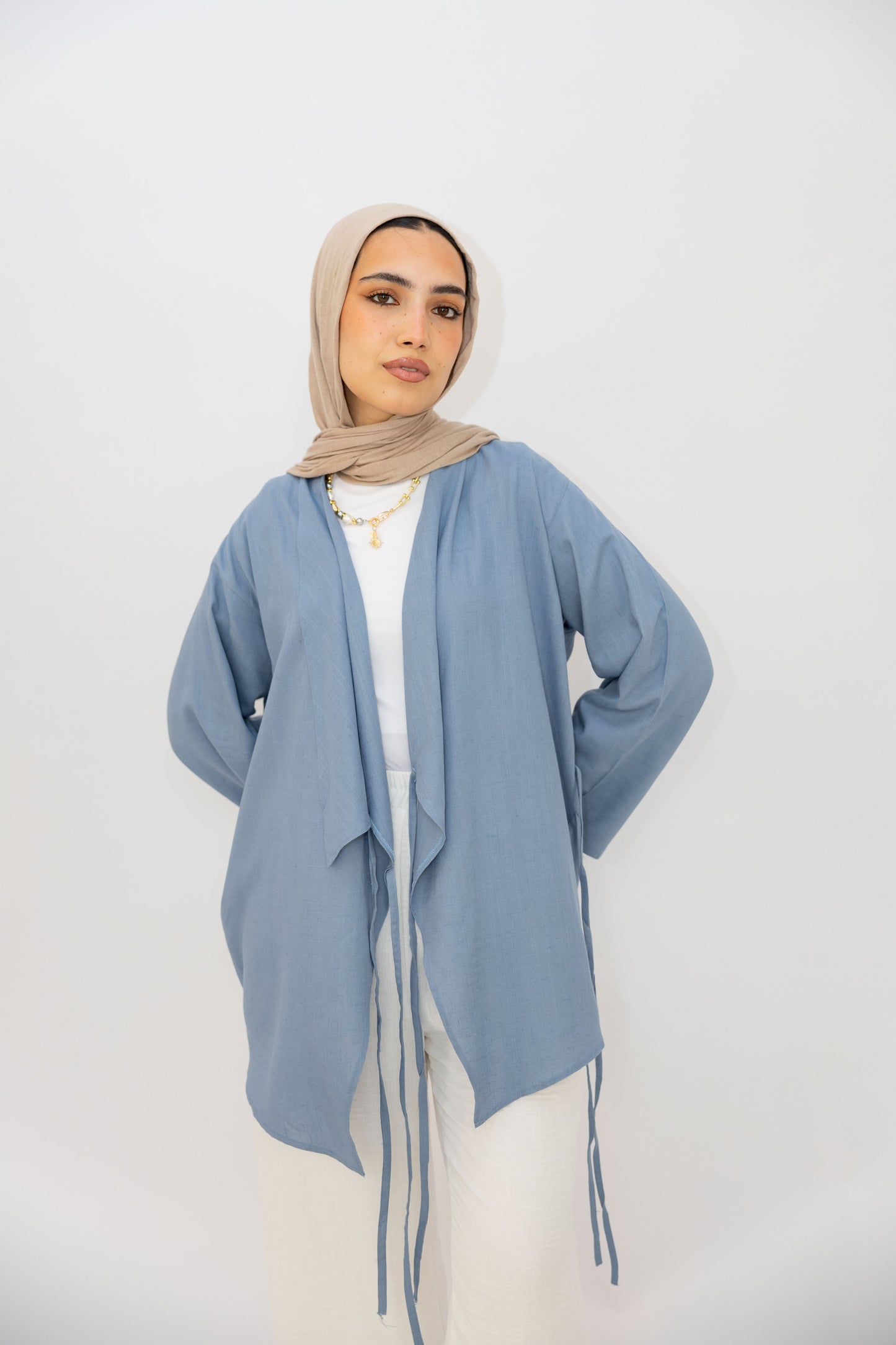 Side Tie Linen Top in Blue