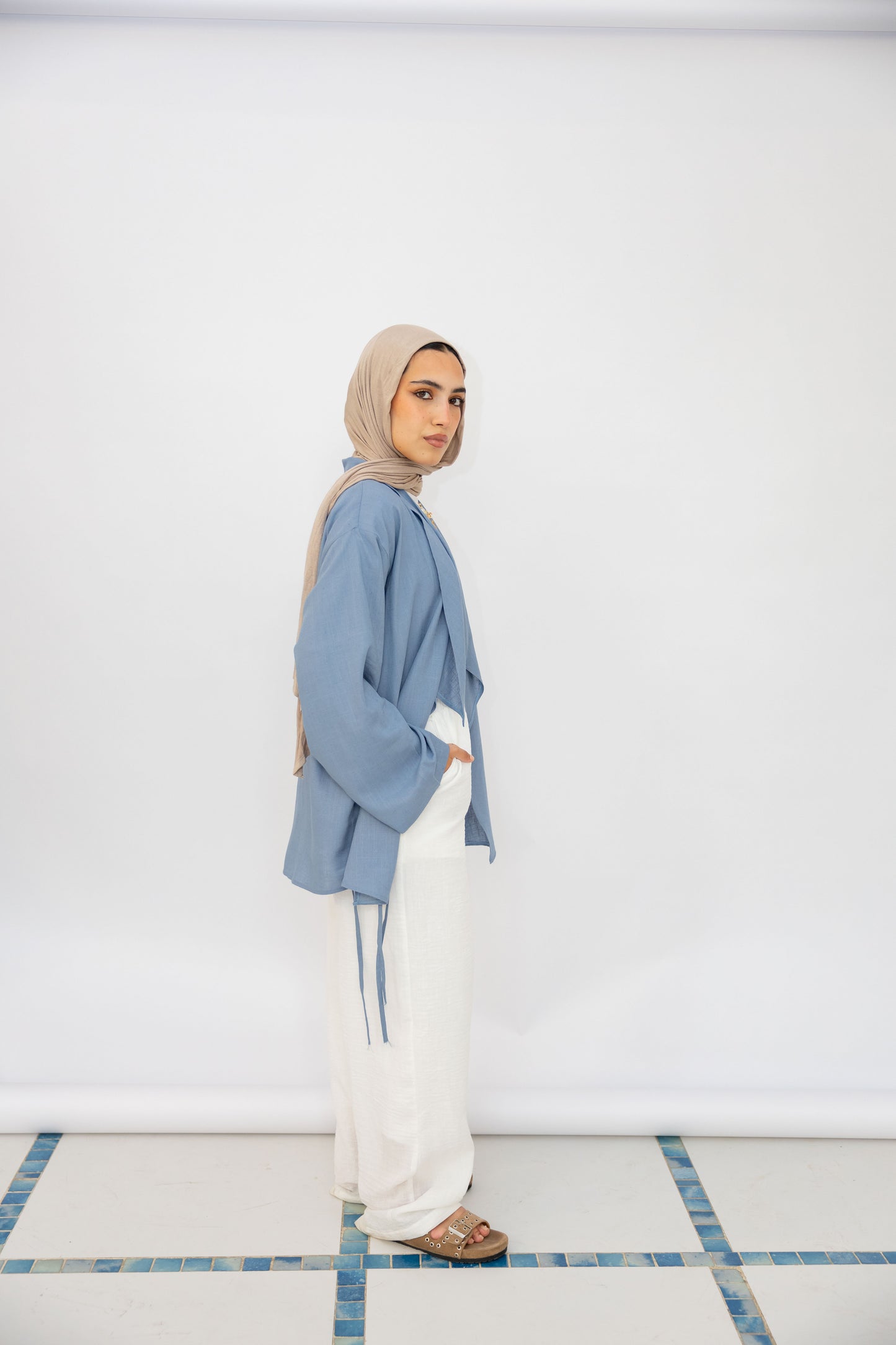 Side Tie Linen Top in Blue