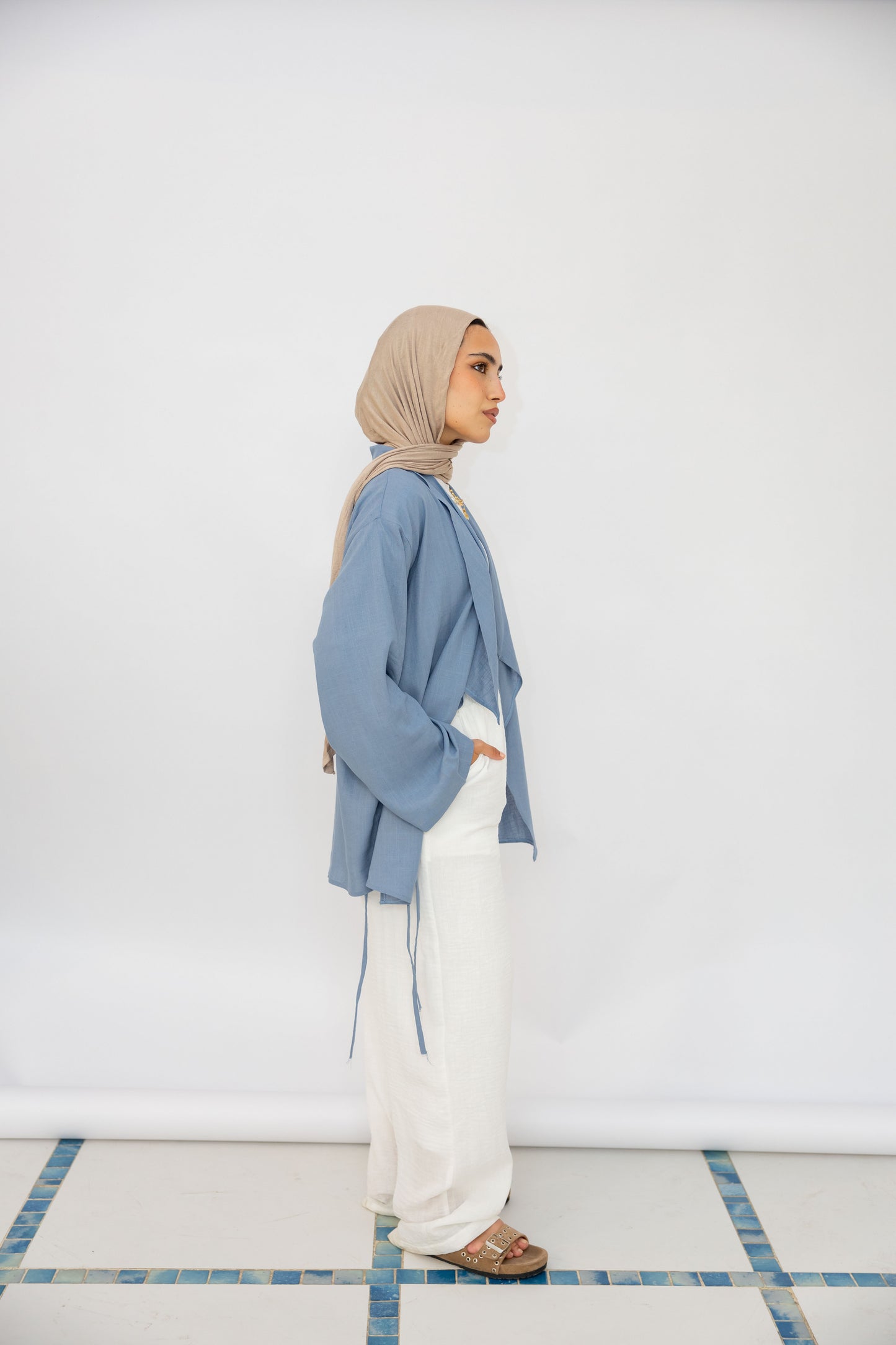 Side Tie Linen Top in Blue