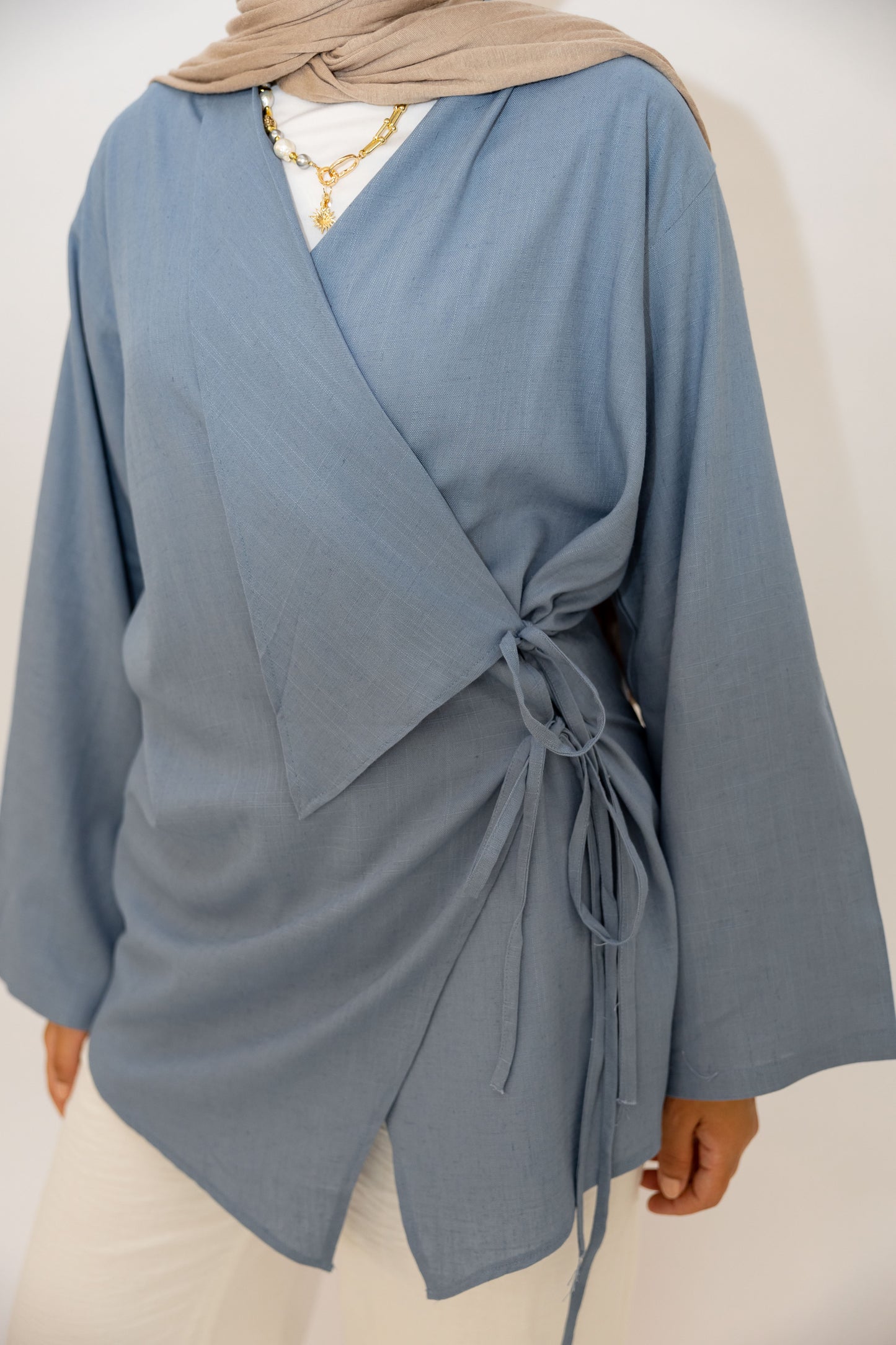 Side Tie Linen Top in Blue