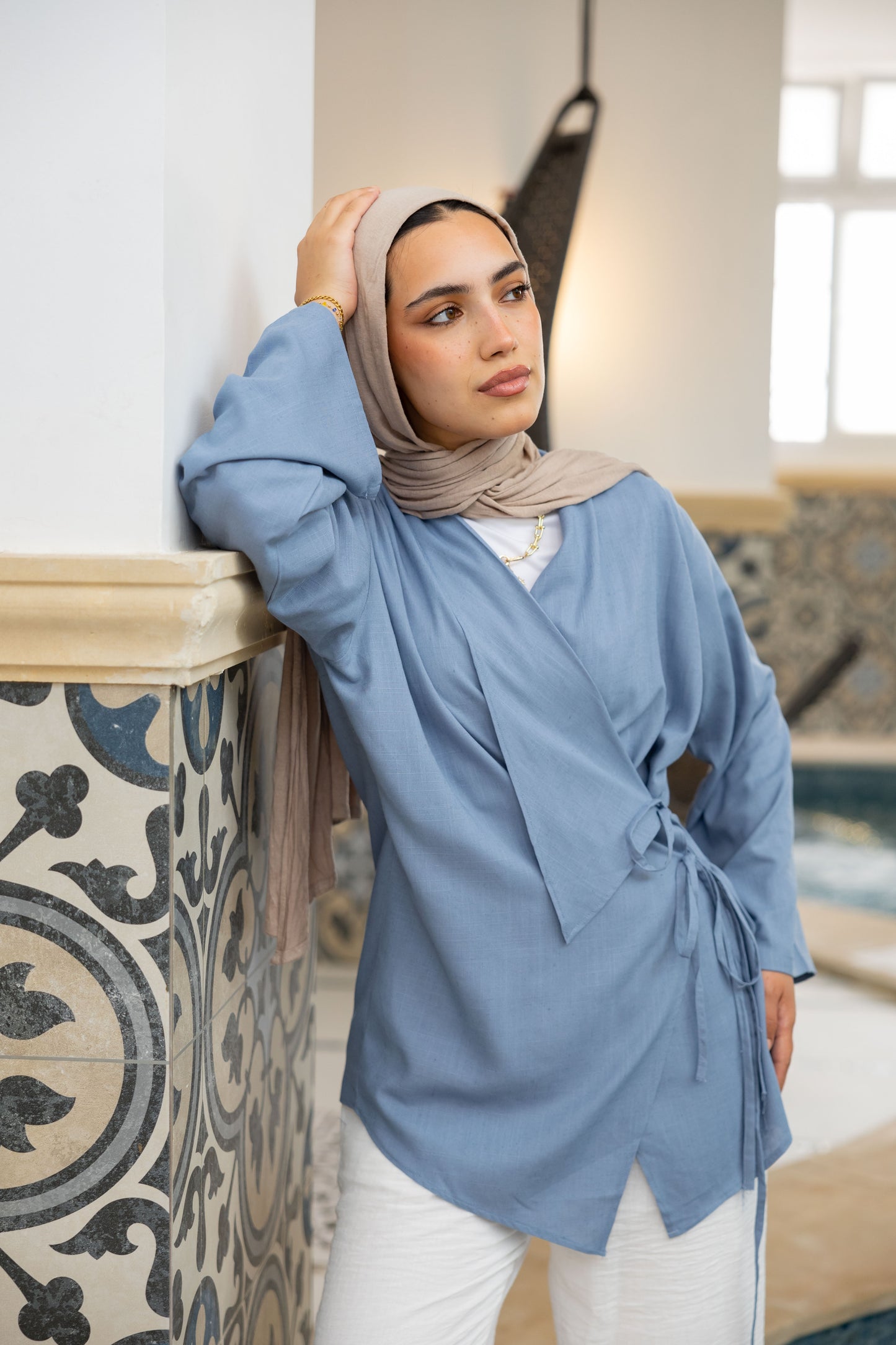 Side Tie Linen Top in Blue