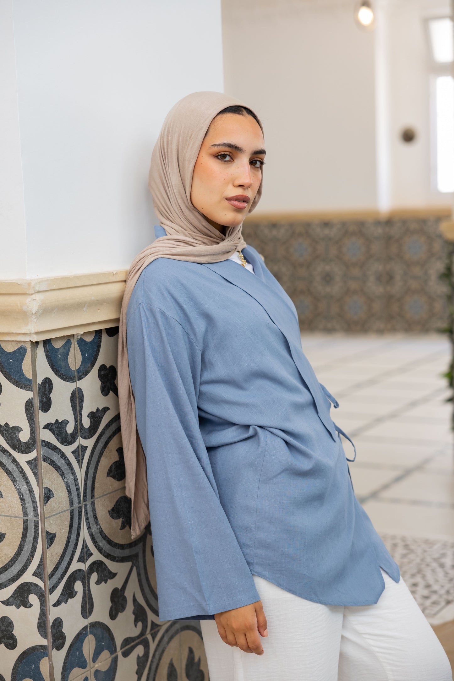 Side Tie Linen Top in Blue