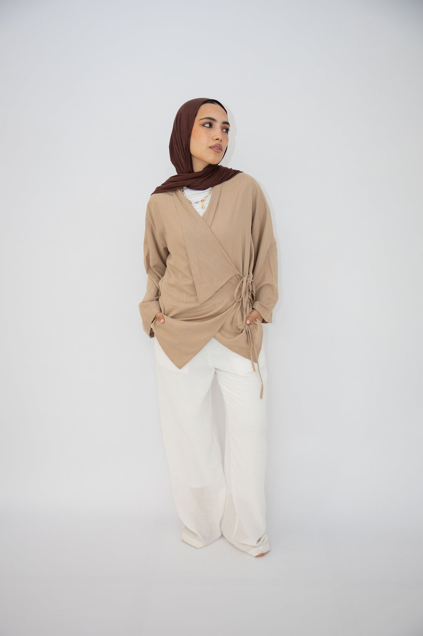 Side Tie Linen Top in Cafe