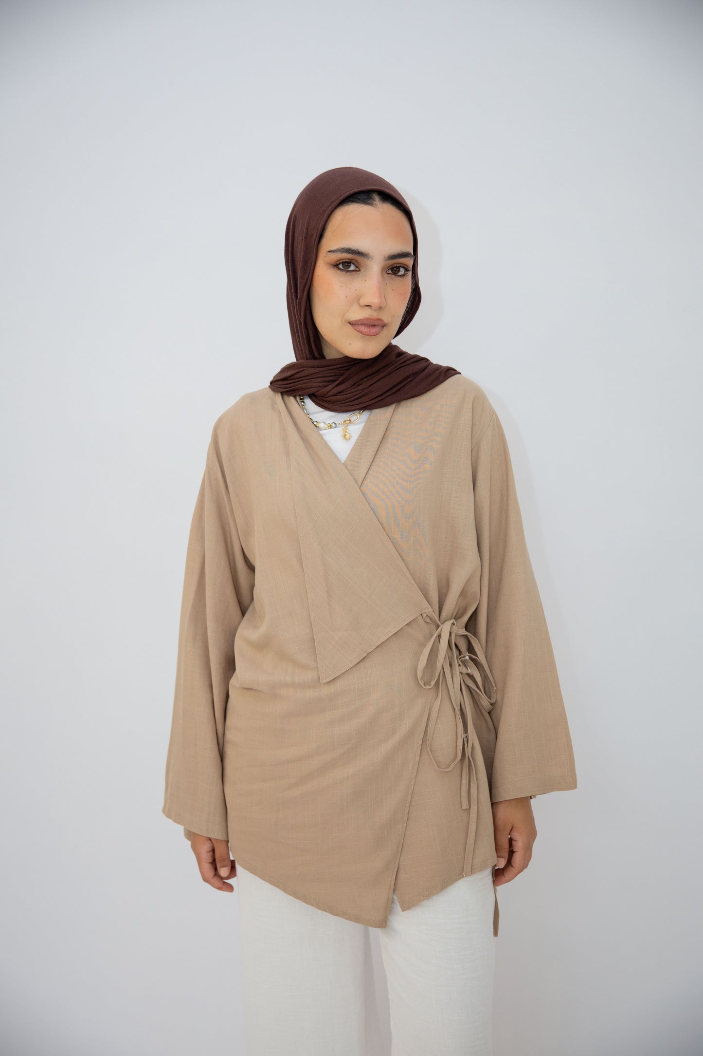 Side Tie Linen Top in Cafe