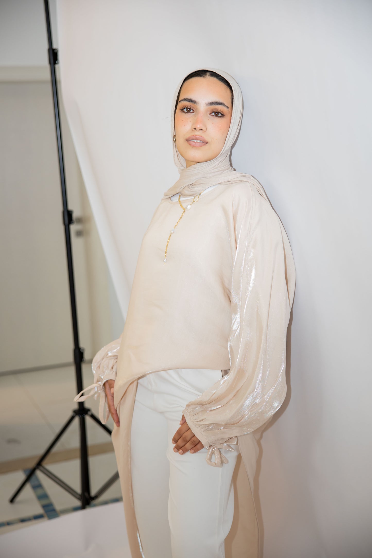 Asymmetrical Shimmer Top in Beige
