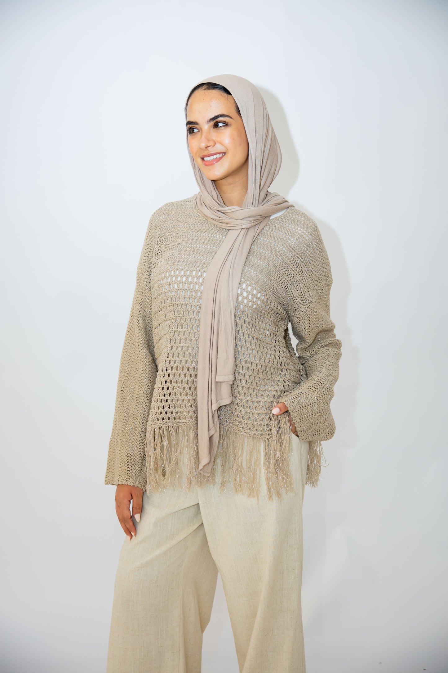 Sea threads crochet top in shimmer cafe