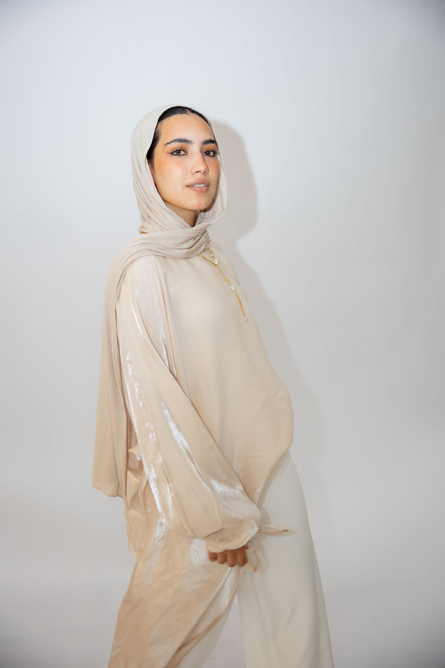 Asymmetrical Shimmer Top in Beige