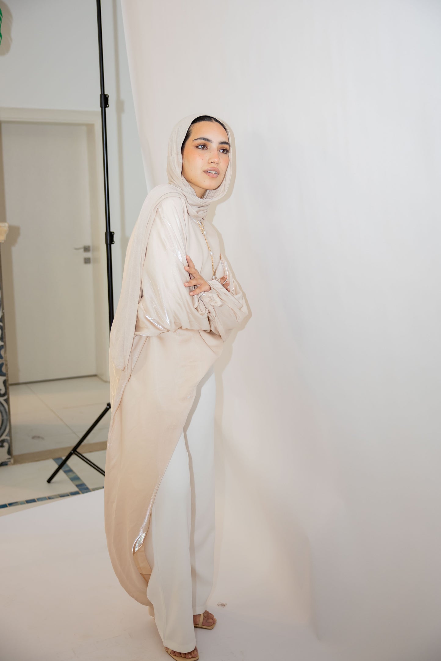 Asymmetrical Shimmer Top in Beige