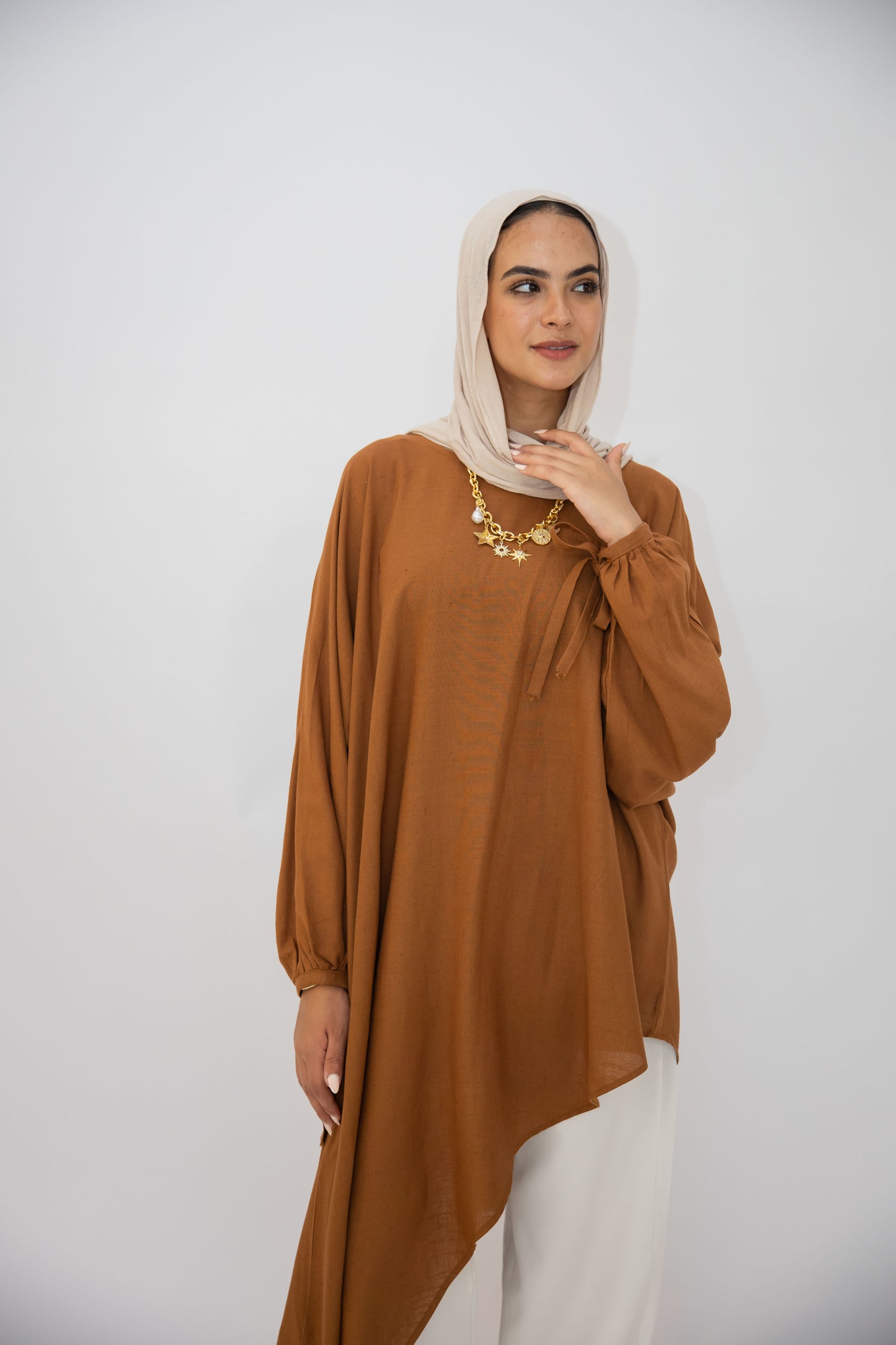 Asymmetric Linen Top in Brown