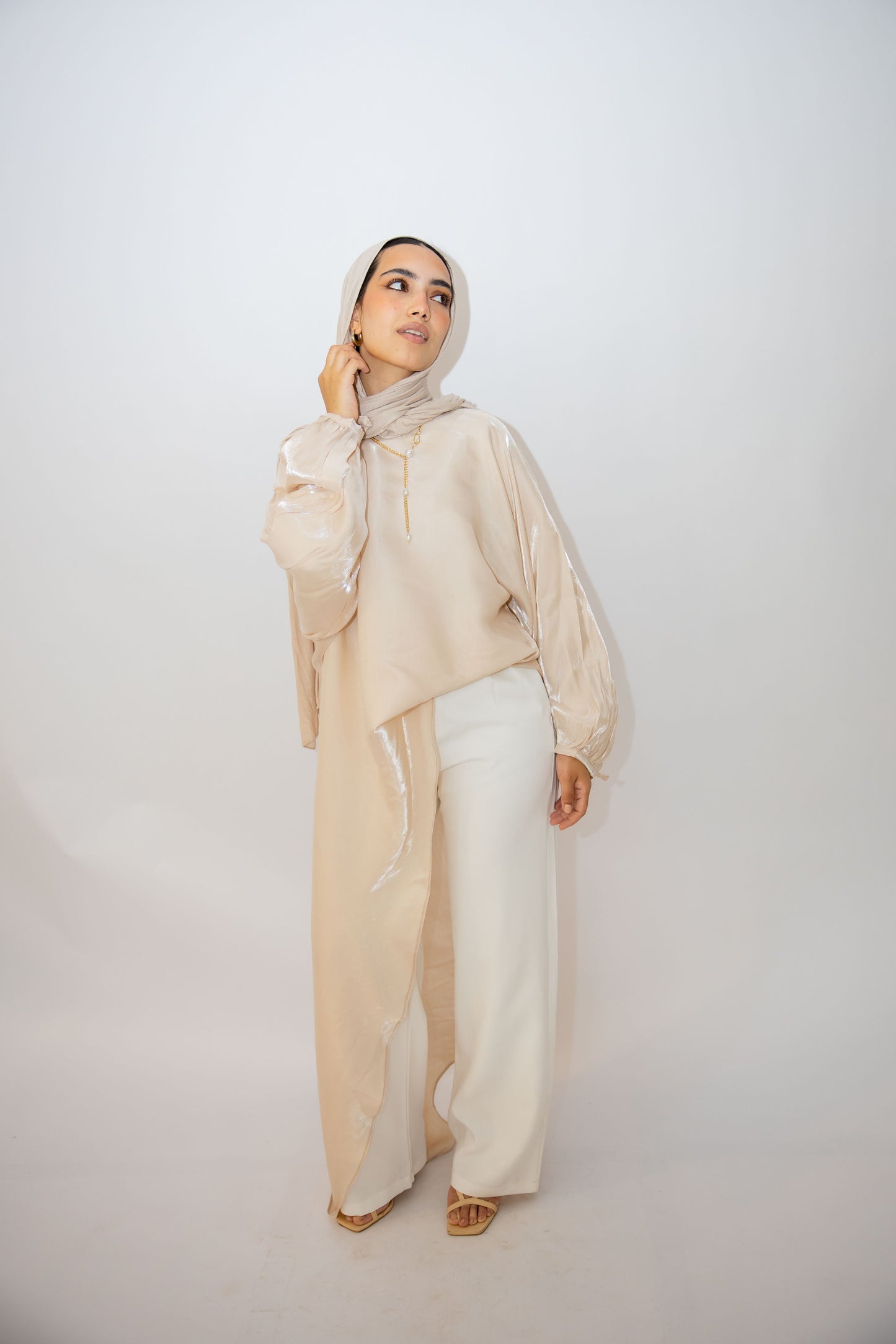 Asymmetrical Shimmer Top in Beige
