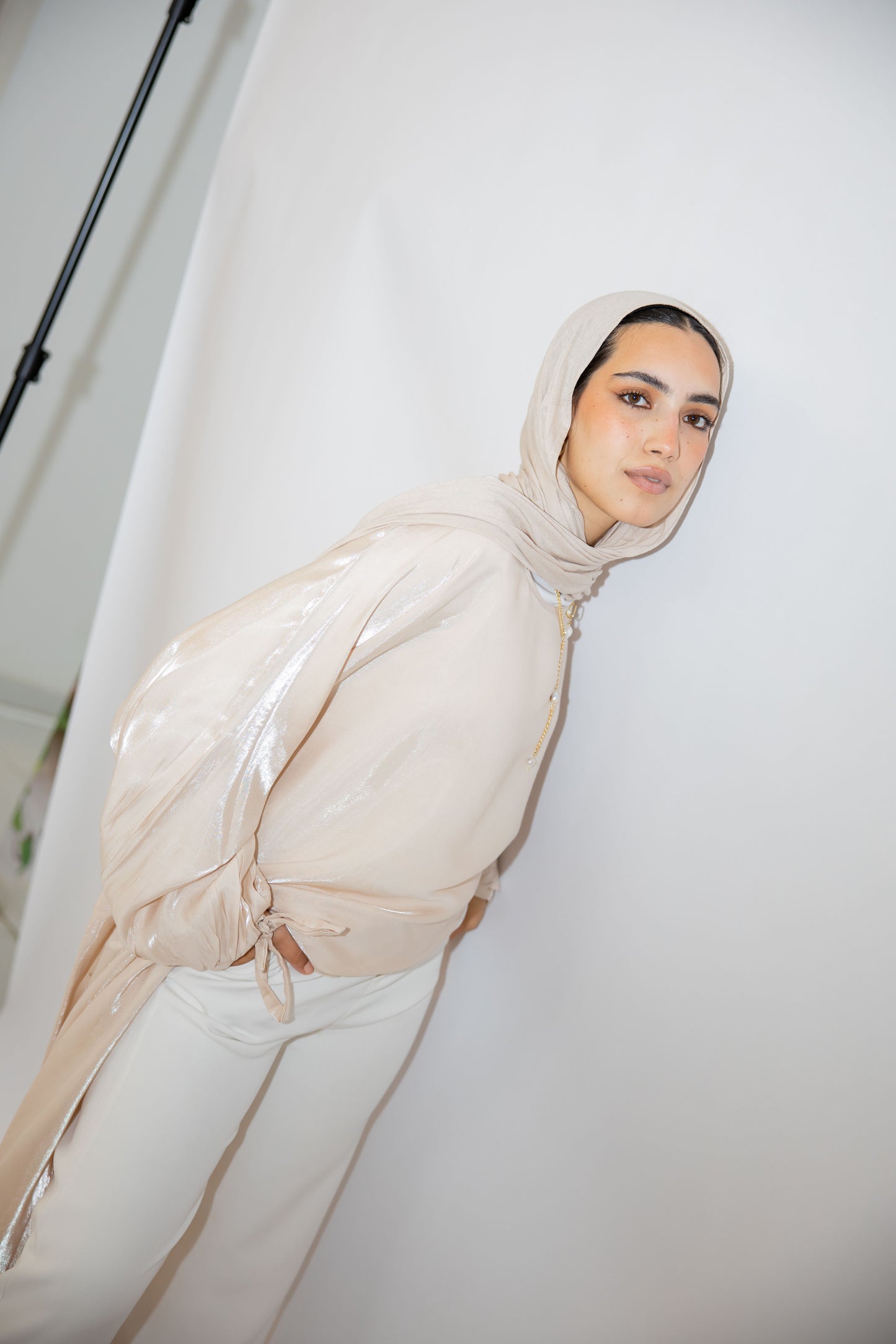 Asymmetrical Shimmer Top in Beige