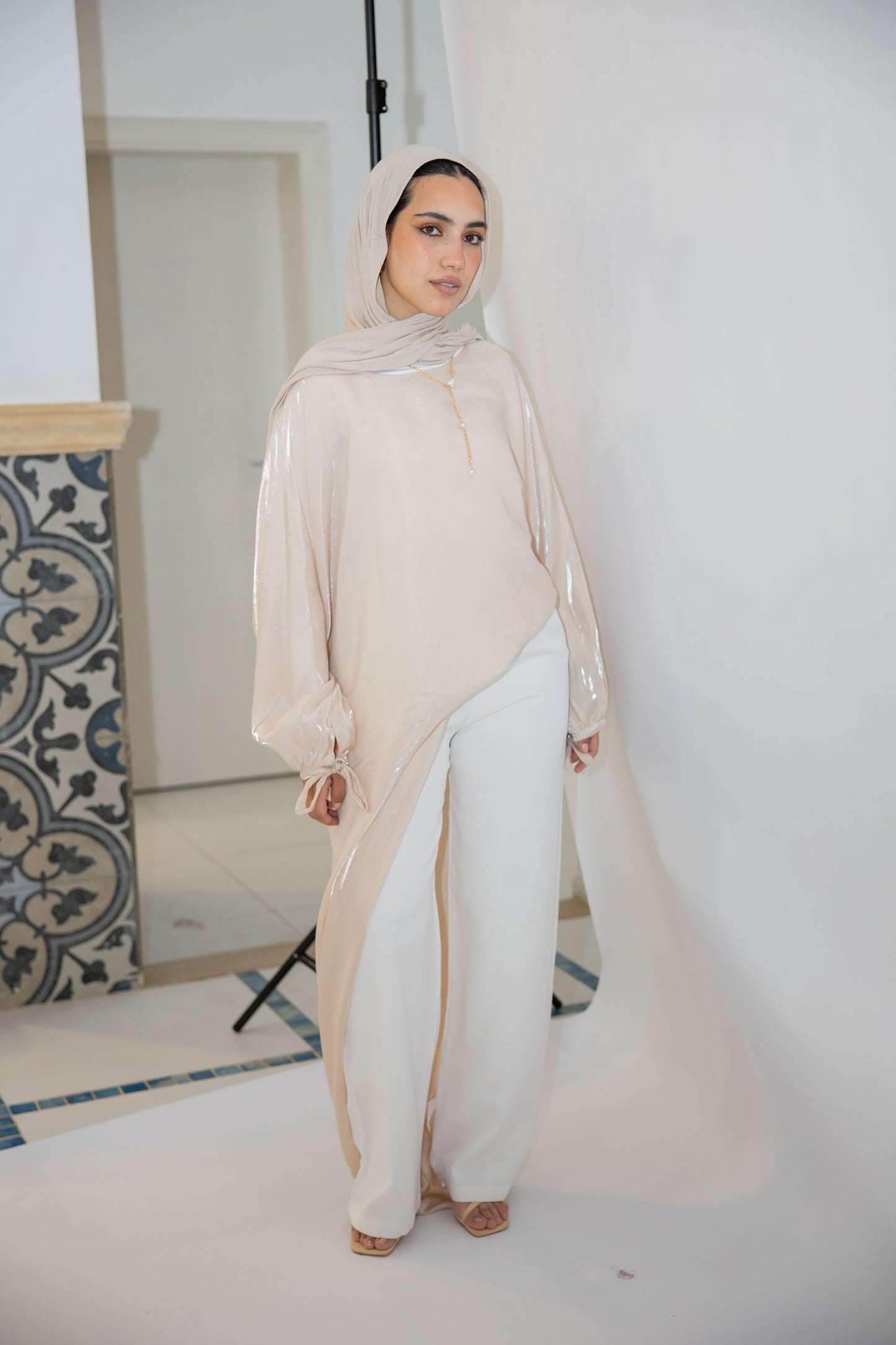 Asymmetrical Shimmer Top in Beige