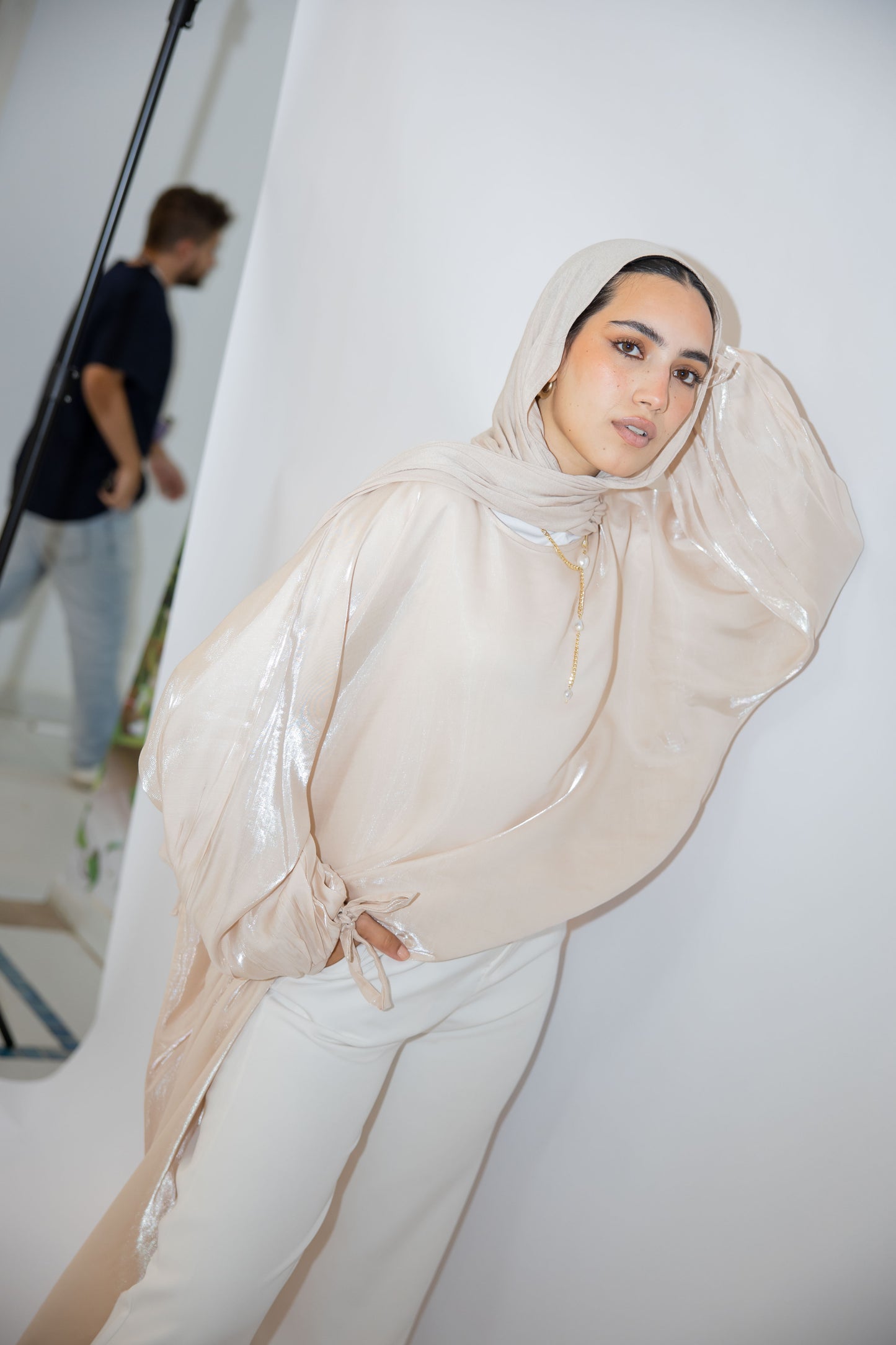 Asymmetrical Shimmer Top in Beige