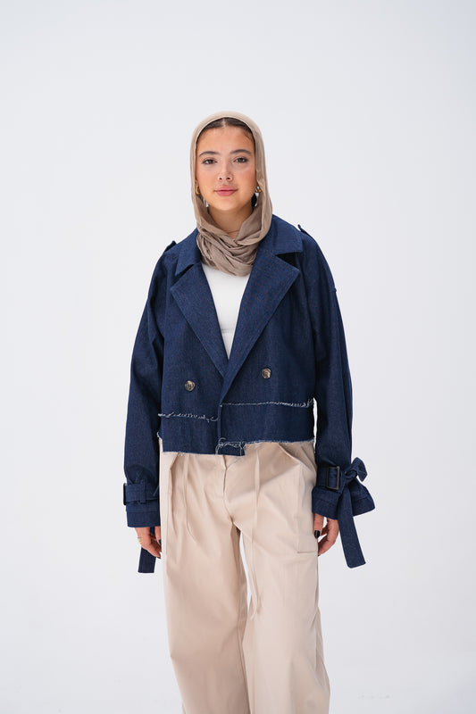 Cropped Trench Coat in Denim