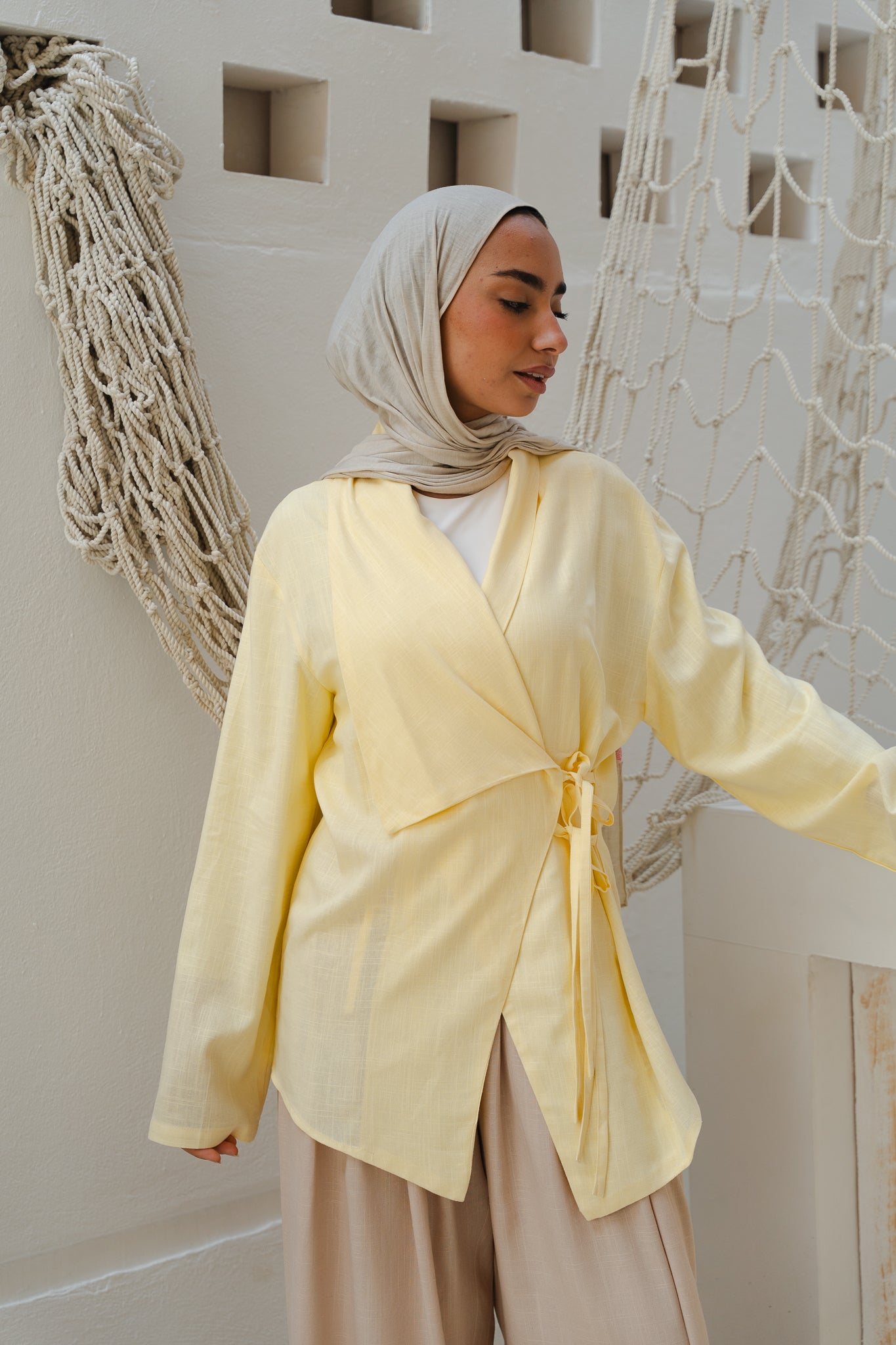 Side Tie Linen Top in Yellow