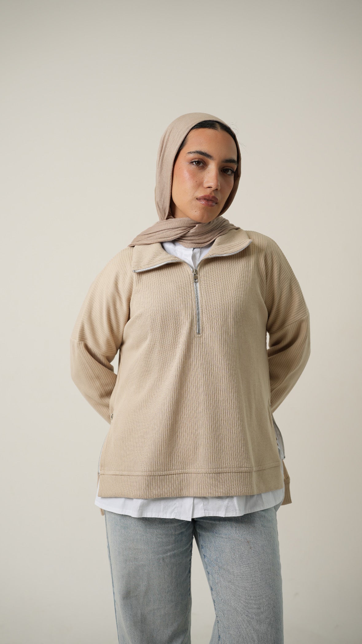 Zip-Up Sweater in Beige