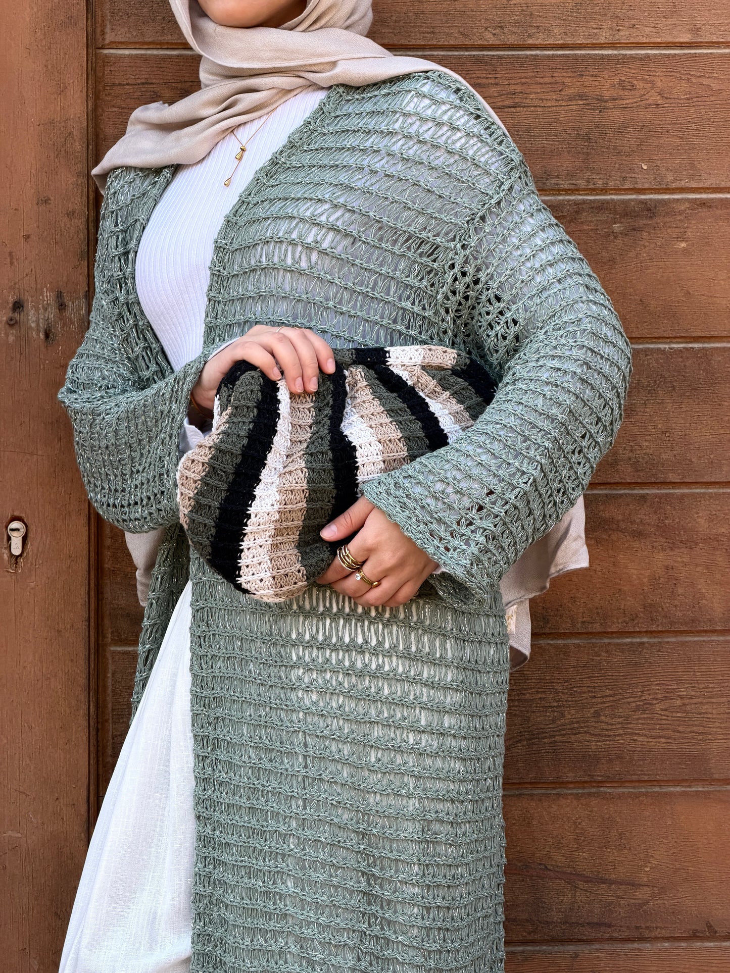 Threads of Charm Cardigan in Shimmer Mint.