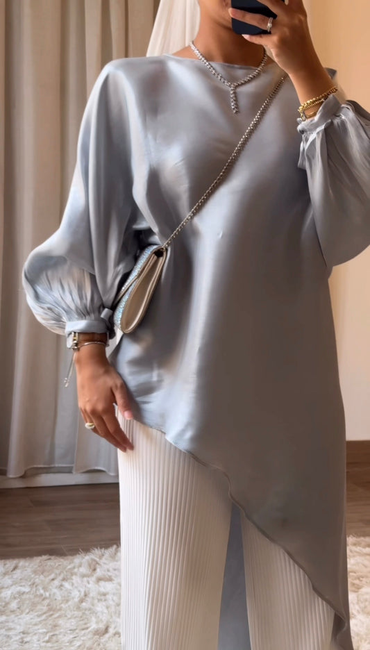 Asymmetrical Shimmer Top in Silver Blue (without belt)