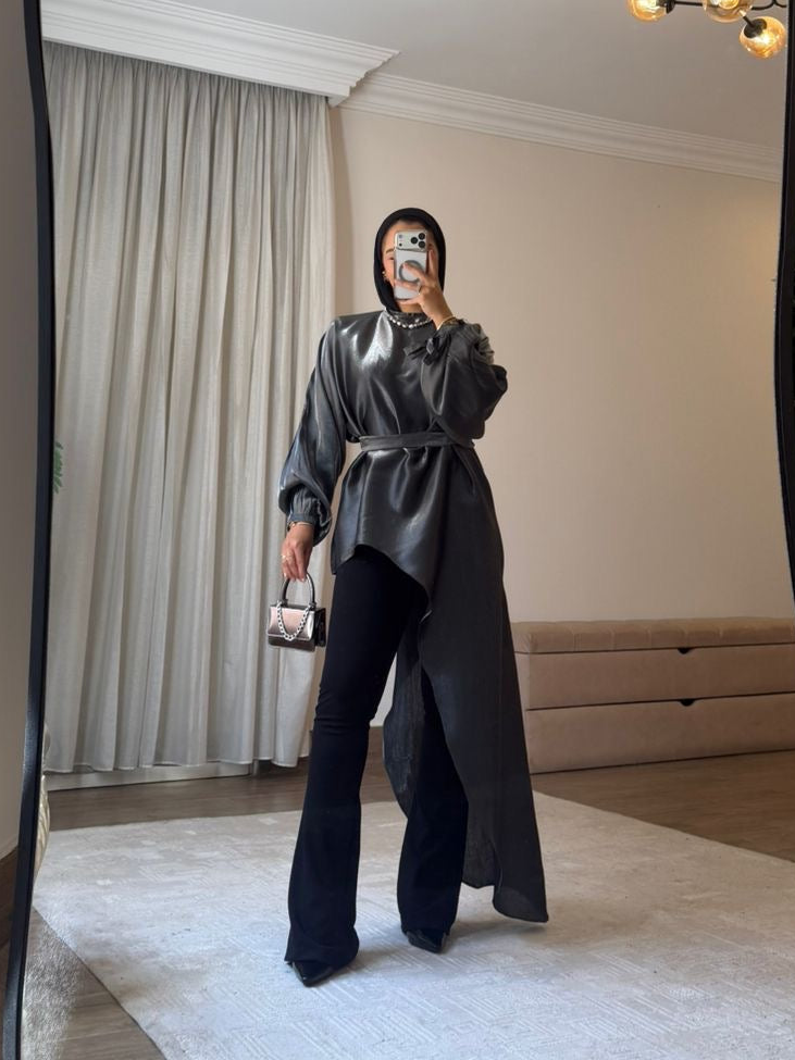Asymmetrical Shimmer Top in Dark Grey