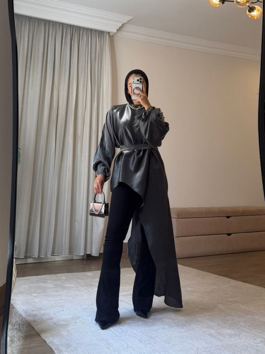 Asymmetrical Shimmer Top in Dark Grey