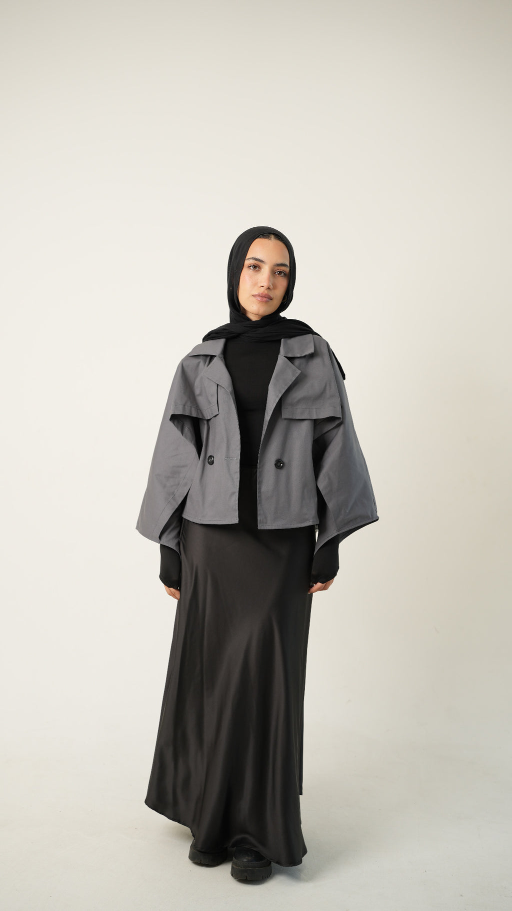 Drape Cropped Trench Coat in Gray