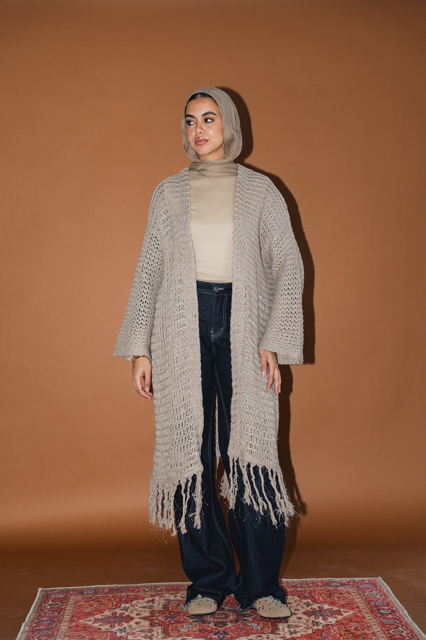 Threads of Charm Cardigan in Shimmer Cafe.