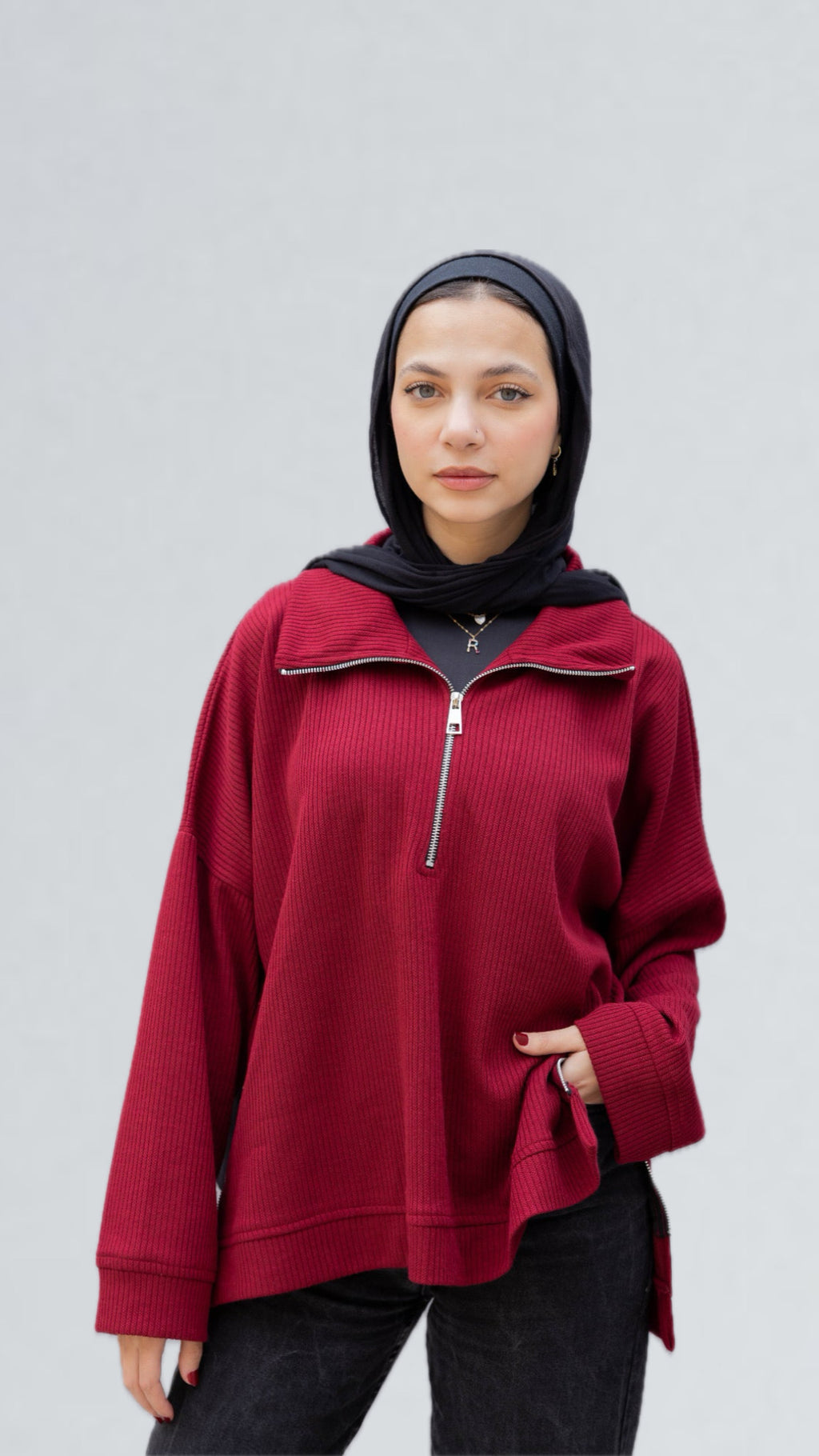 Zip-Up Sweater in Burgundy