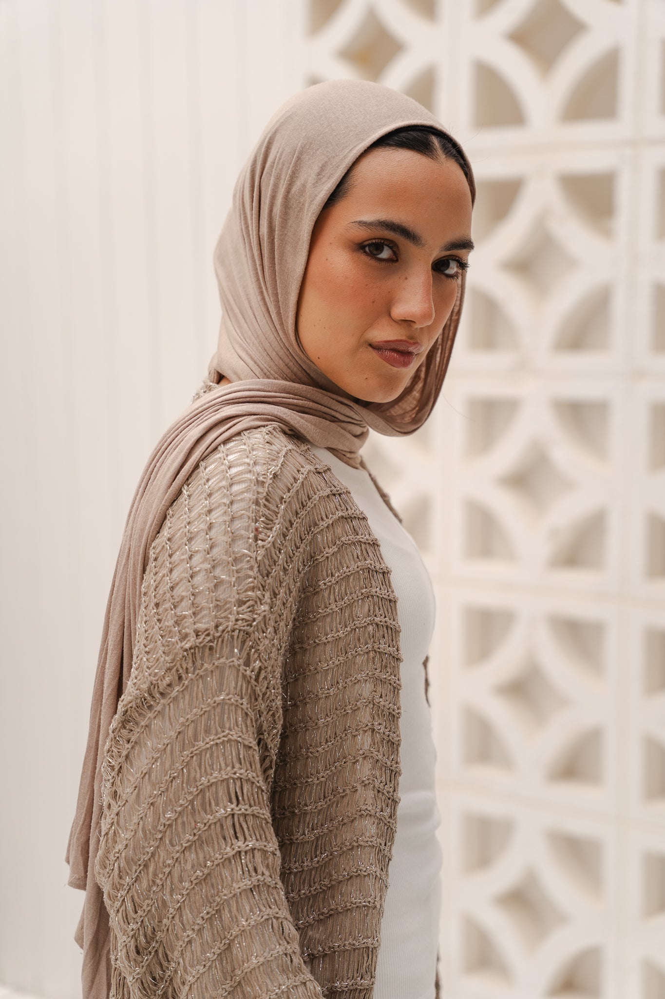 Threads of Charm Cardigan in Shimmer Cafe.