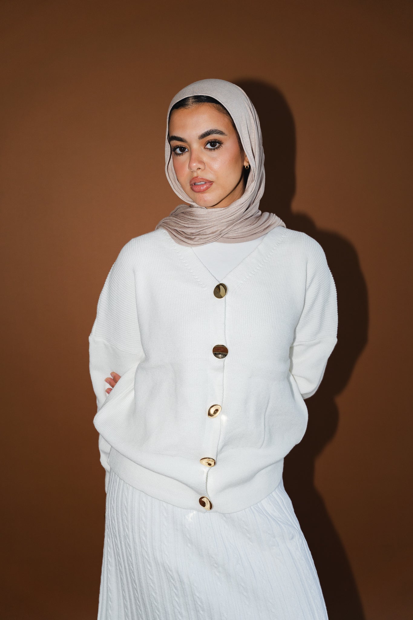 Gold Buttons Knit Crop Cardigan in White