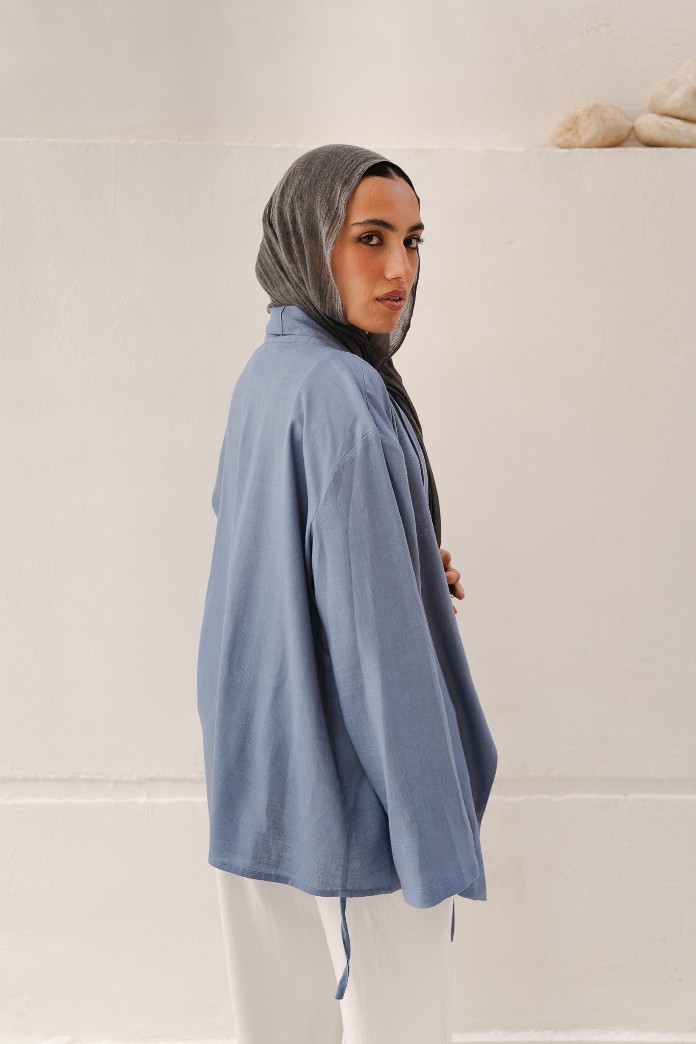 Side Tie Linen Top in Blue