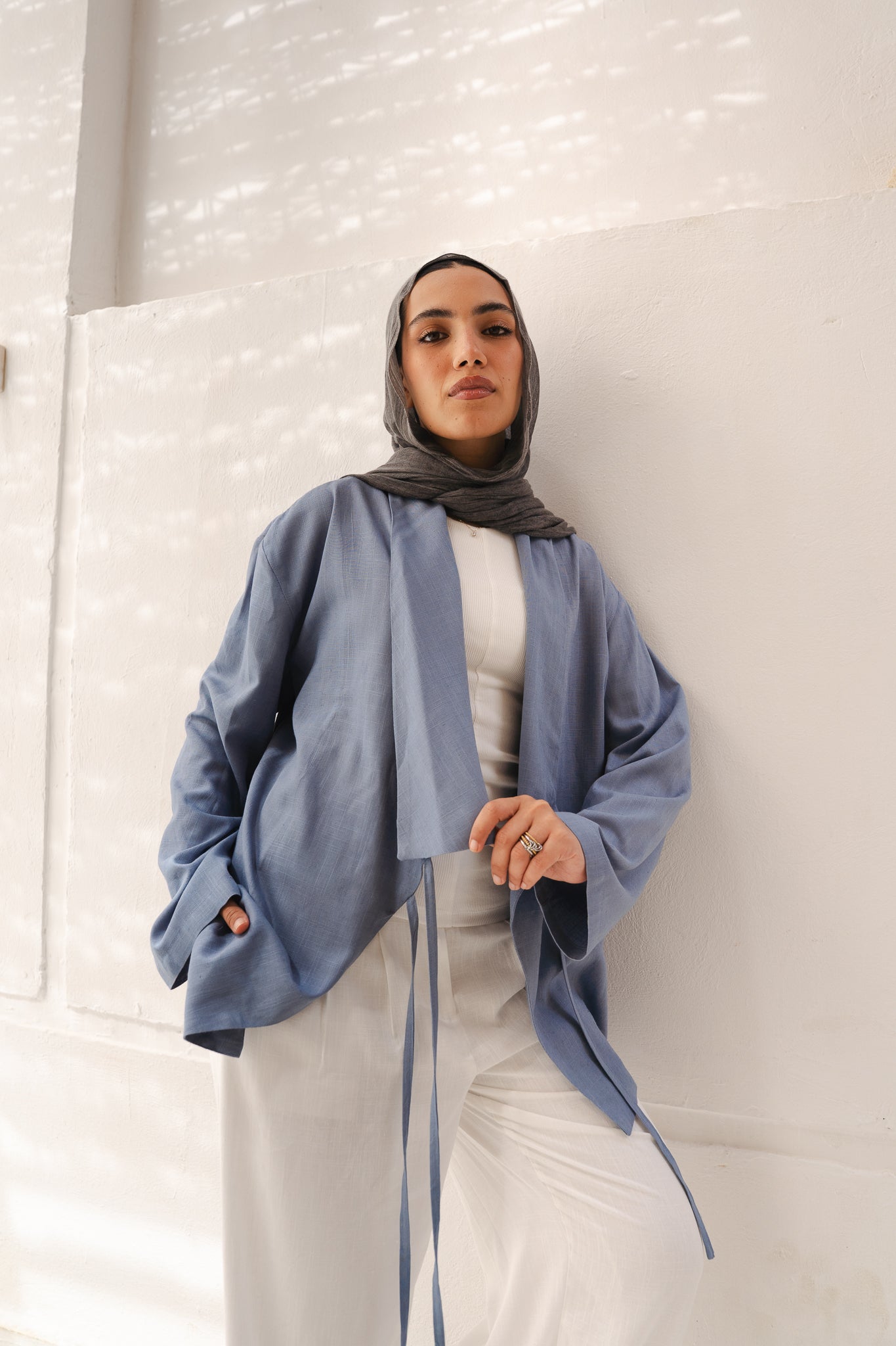 Side Tie Linen Top in Blue