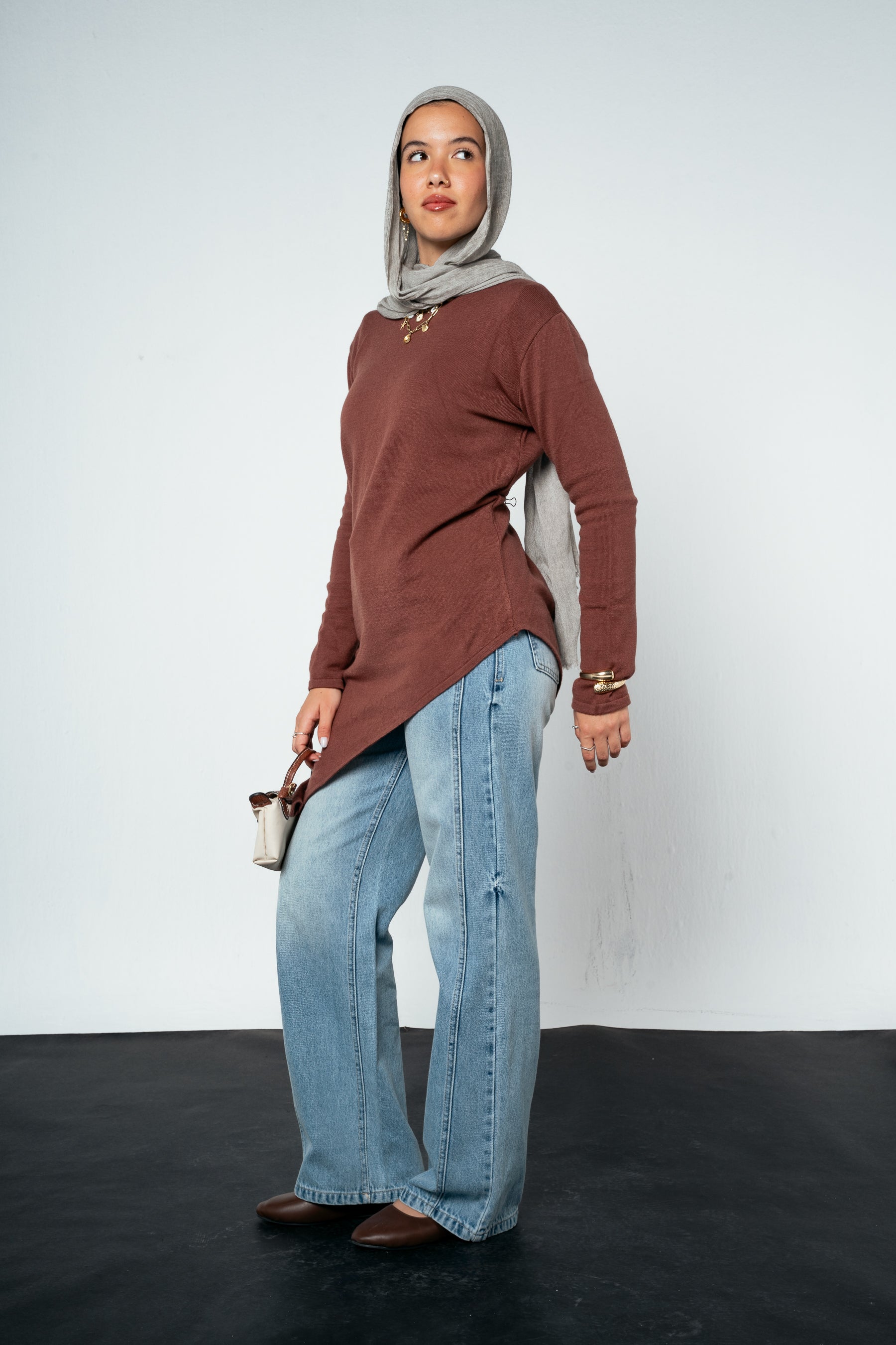 Warm Knit Asymmetrical Top in Brown